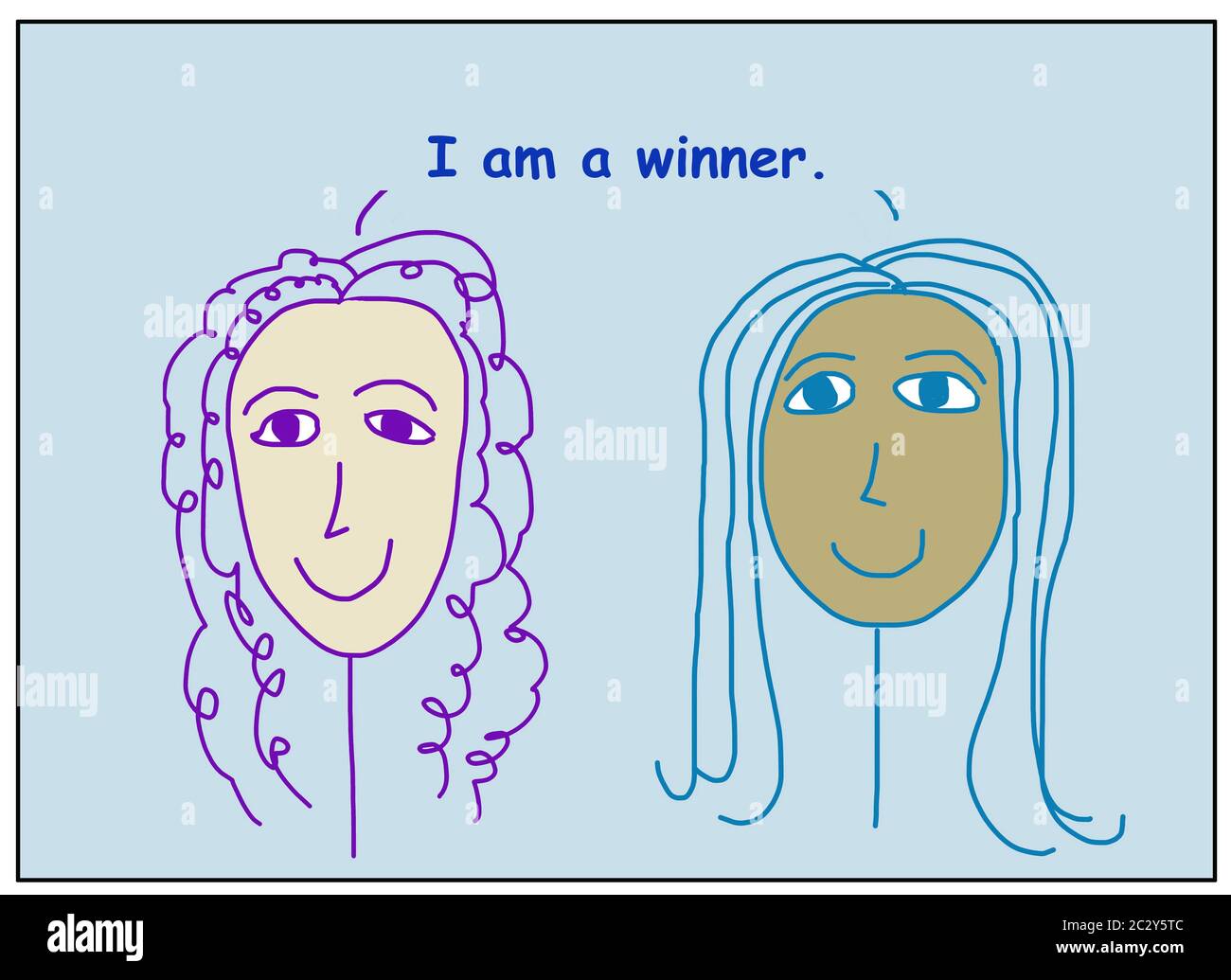 Farb-Cartoon von zwei lächelnden, schönen und ethnisch verschiedenen Frauen, die sagen, ich bin ein Gewinner. Stockfoto