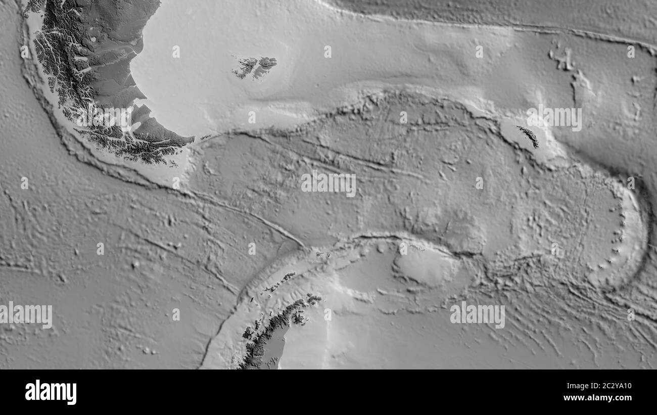 Graustufenkarte des Gebietes um die Scotia Tektonik. 3D-Rendering Stockfoto