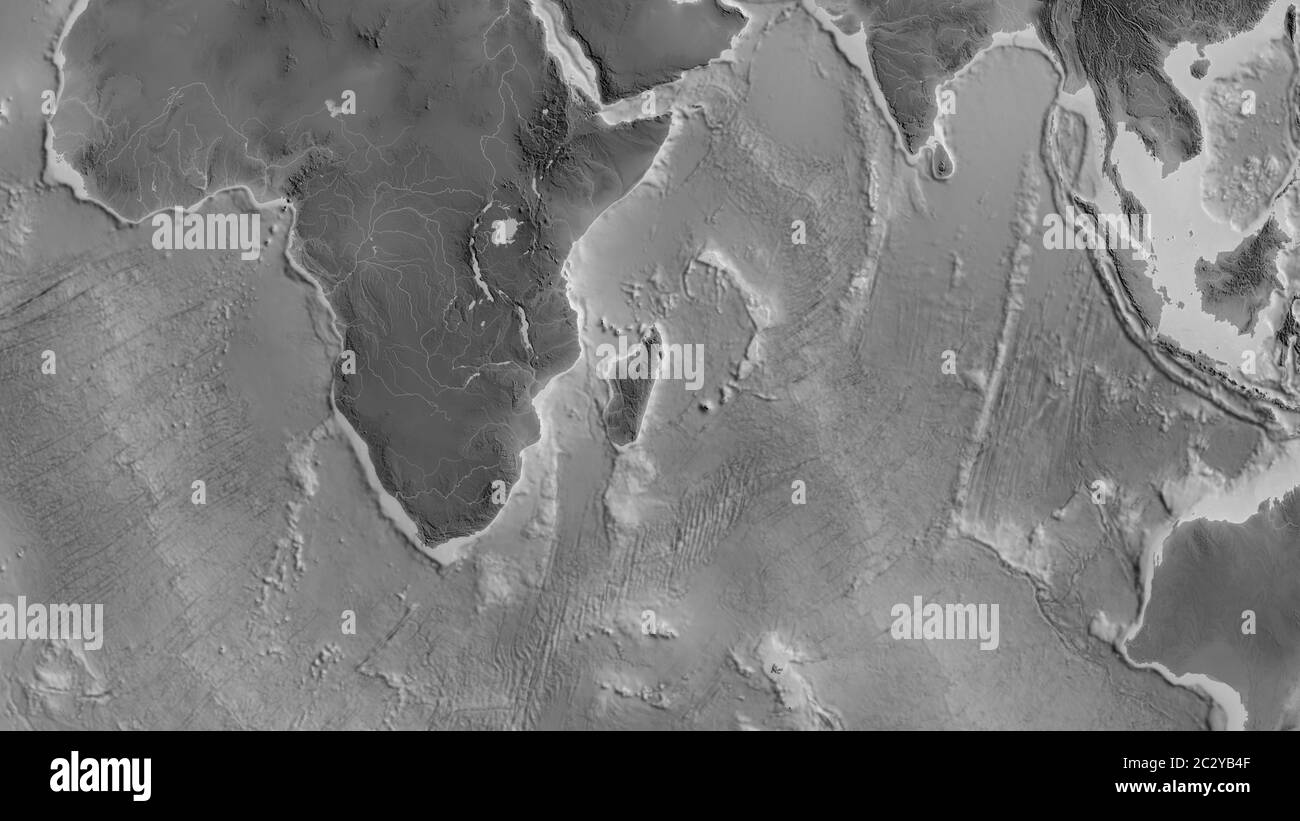 Graustufenkarte des Gebietes um die somalische tektonische Platte. 3D-Rendering Stockfoto