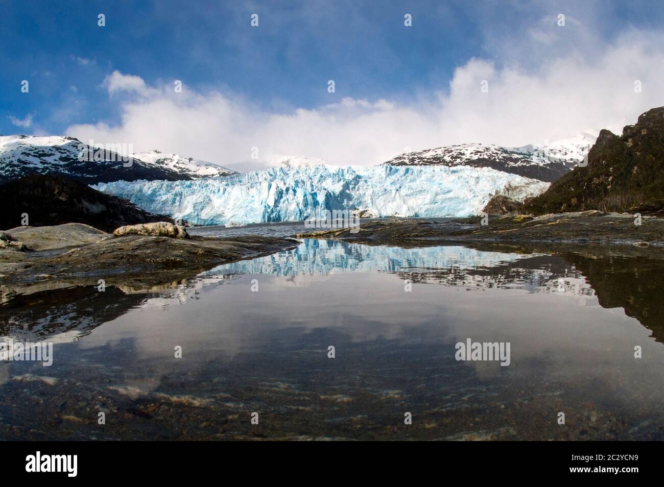 Küstengletscher in Cordillera Darwin Range, Patagonien, Chile, Südamerika Stockfoto