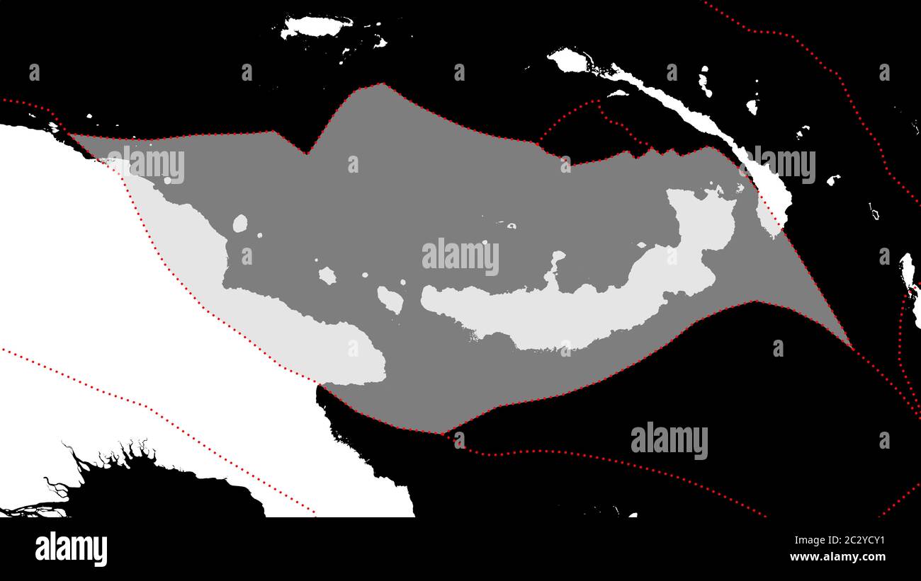 Form der Südbismarck-Tektonikplatte mit Rändern der umliegenden Platten vor dem Hintergrund einer weißen Maske von Kontinenten und Inseln. 3D-rende Stockfoto