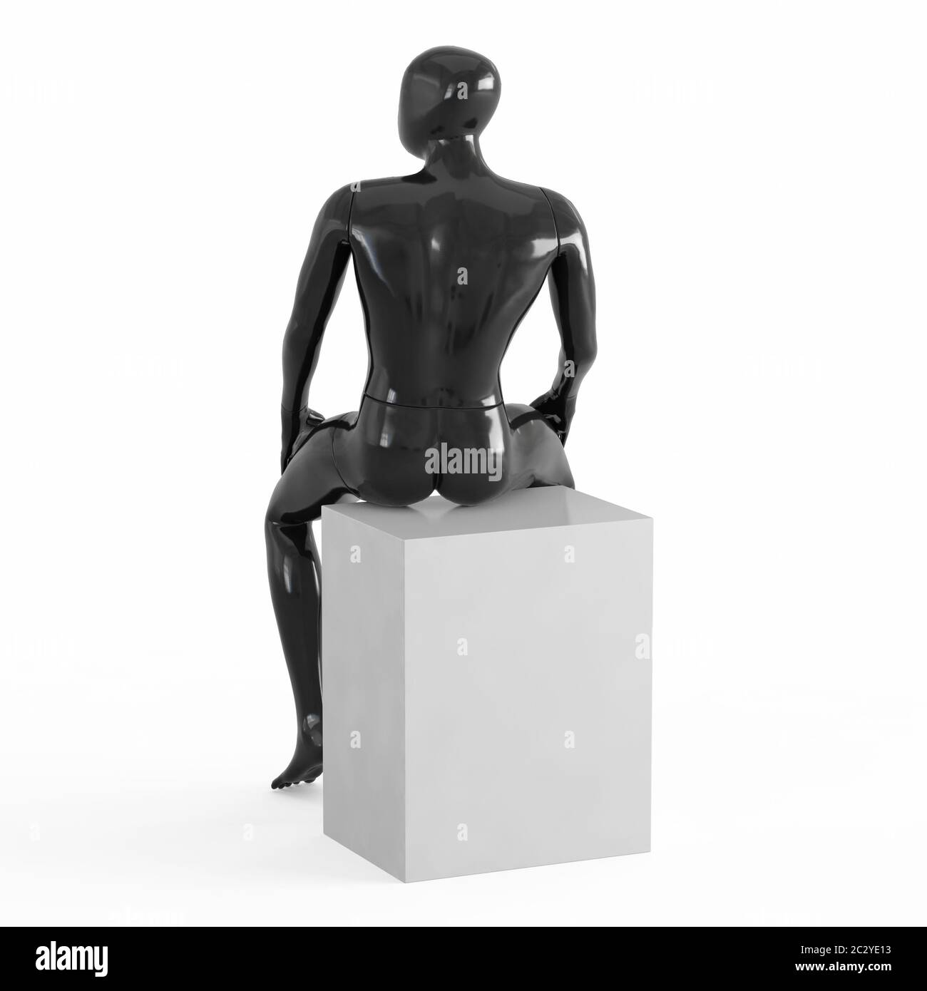 Schwarze männliche Schaufensterpuppe sitzt auf einem weißen Quadrat, zurück vorwärts Plastik 3D Rendering Stockfoto