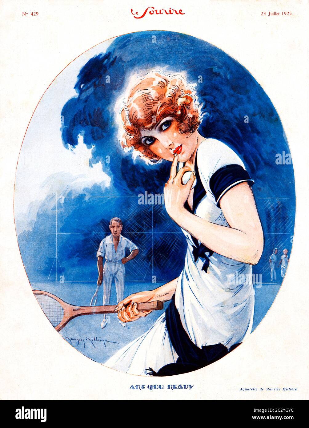 Are You Ready, 1925 Illustration aus der französischen Zeitschrift Le Sourire, mit der jungen Dame, die fragt, ob Sie bereit für ihren Dienst sind Stockfoto