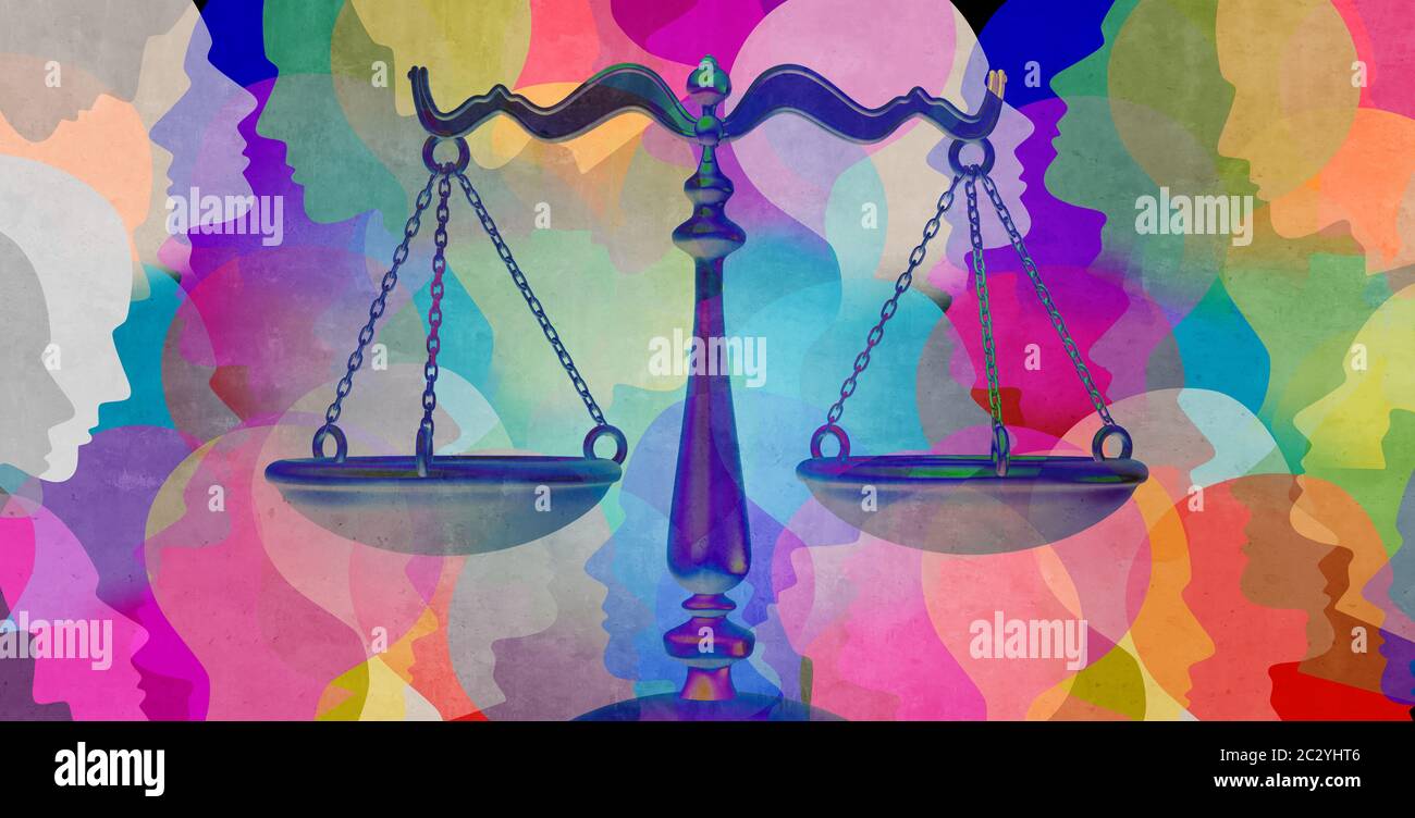 Soziale Gerechtigkeit zusammen als eine Menge von verschiedenen Menschen mit einem Rechtssymbol, das Gemeinschaftsrecht und gleiche Rechte oder Rechtsanwalt Symbol. Stockfoto