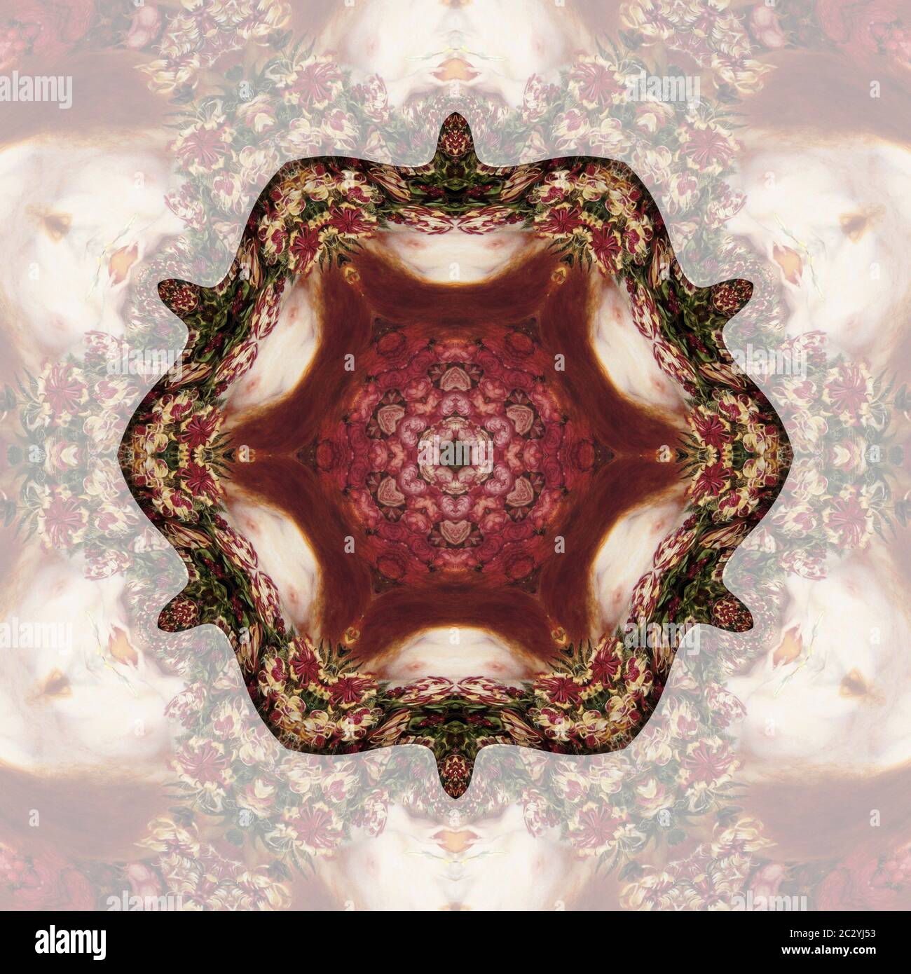 Mandalas inspiriert von der Farbe und dem Design des Venus Verticordia-Gemäldes von Dante Gabriel Rossetti Stockfoto
