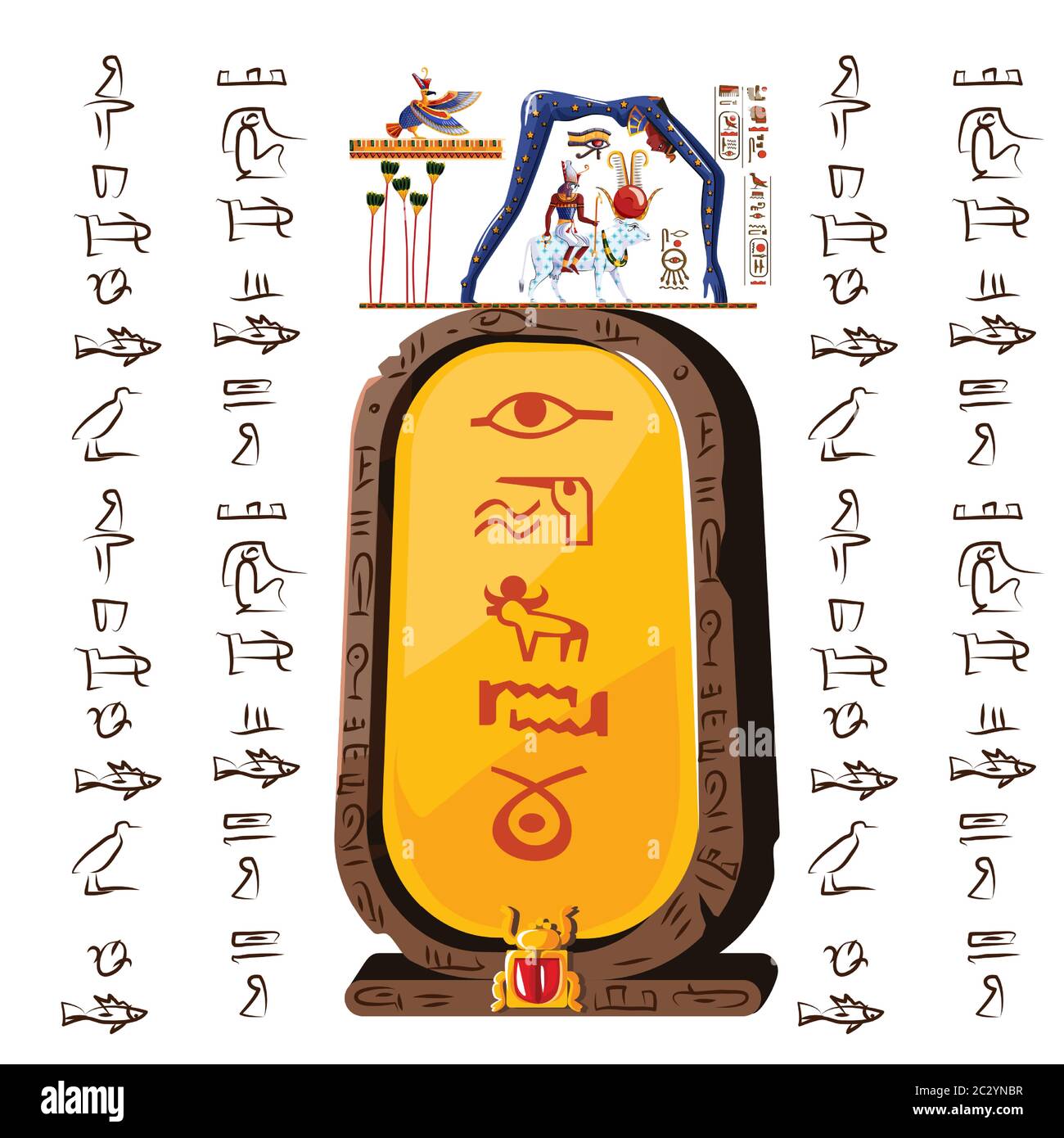 Alte Ägypten Ton oder Stein Platte Cartoon Vektor mit Hieroglyphen und ägyptische Kultur religiöse Symbole, Ra sitzt auf Kuh zurück, über sie in Form von nigh Stock Vektor