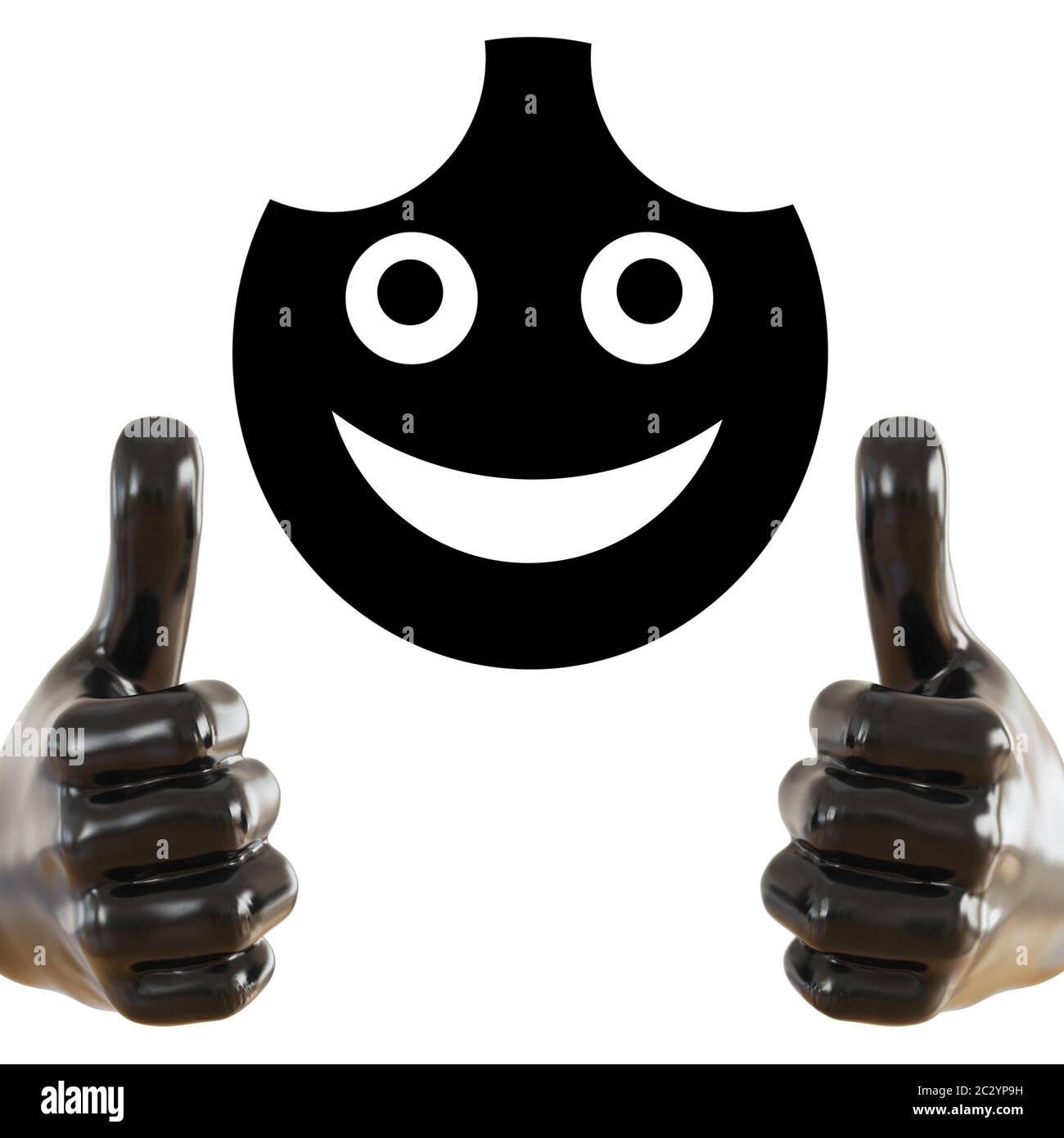 Schwarze Figur einer Hand mit einem hervorstehenden Daumen nach oben und schwarzes rundes Gesicht mit einem Lächeln ein isolierter Hintergrund. 3d-Rendering Stockfoto