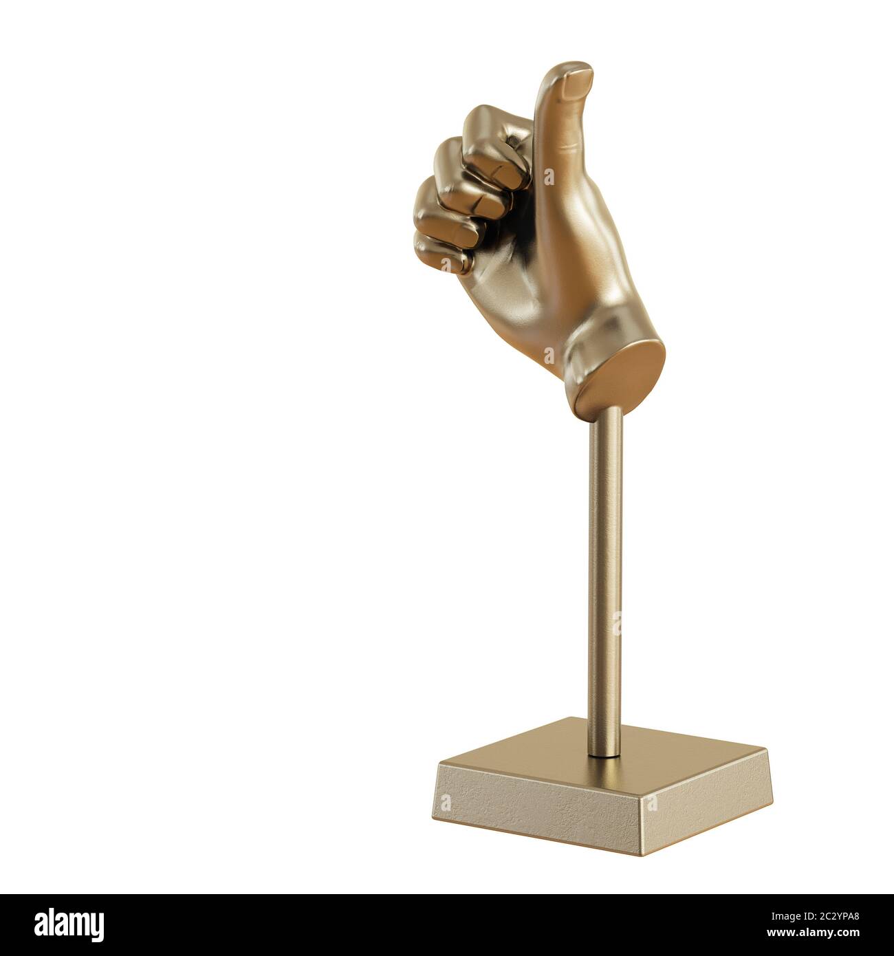 Goldene Figur einer Hand mit einem hervorstehenden Daumen auf einem isolierten Hintergrund. 3d-Rendering Stockfoto