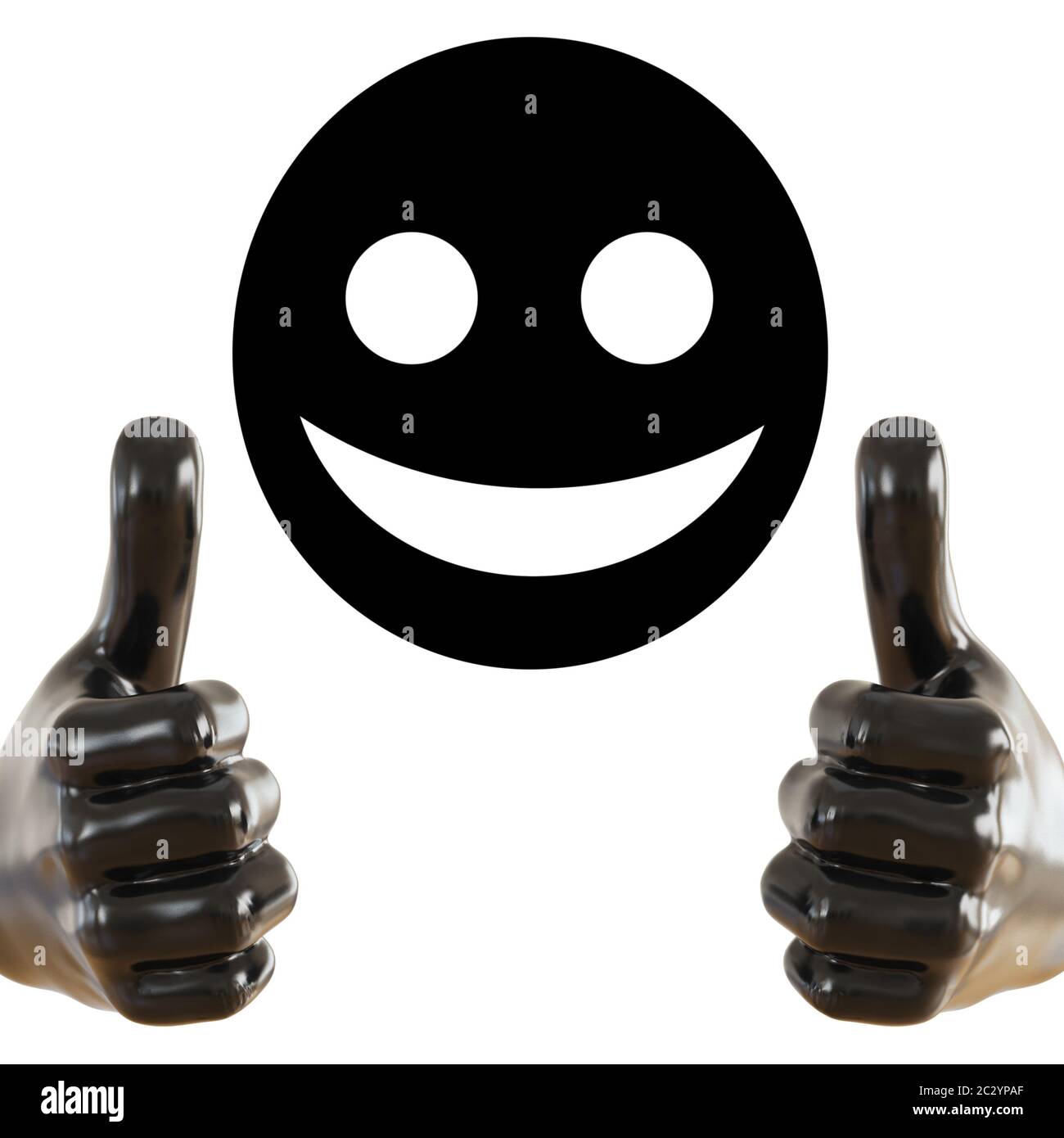 Schwarze Figur einer Hand mit einem hervorstehenden Daumen nach oben und schwarzes rundes Gesicht mit einem Lächeln ein isolierter Hintergrund. 3d-Rendering Stockfoto