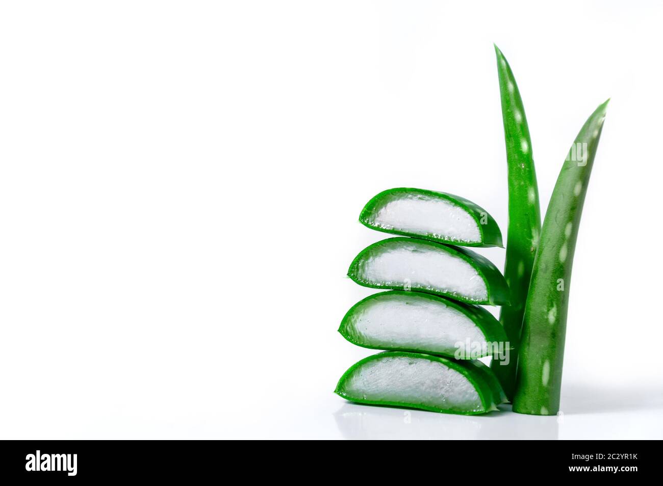 Scheiben und Blätter Aloe Vera isoliert auf weißem Hintergrund . Kosmetik und Kräutermedizin Konzept. Stockfoto