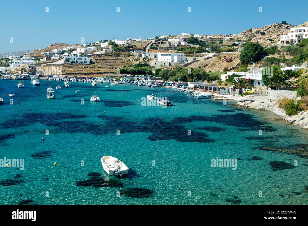 Ornos Bucht, Mykonos Insel, Panoramablick. Stockfoto