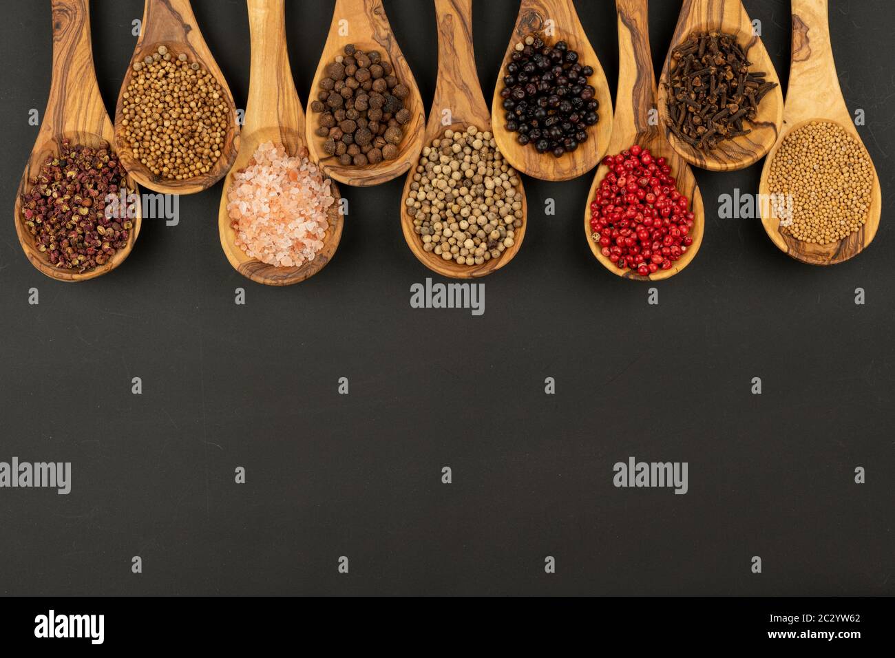 Gewürz und Essen - Neun Kochlöffel aus olivem Holz in einer Reihe mit Gewürz- und Pfeffersorten auf schwarzem Hintergrund mit Kopierraum Stockfoto