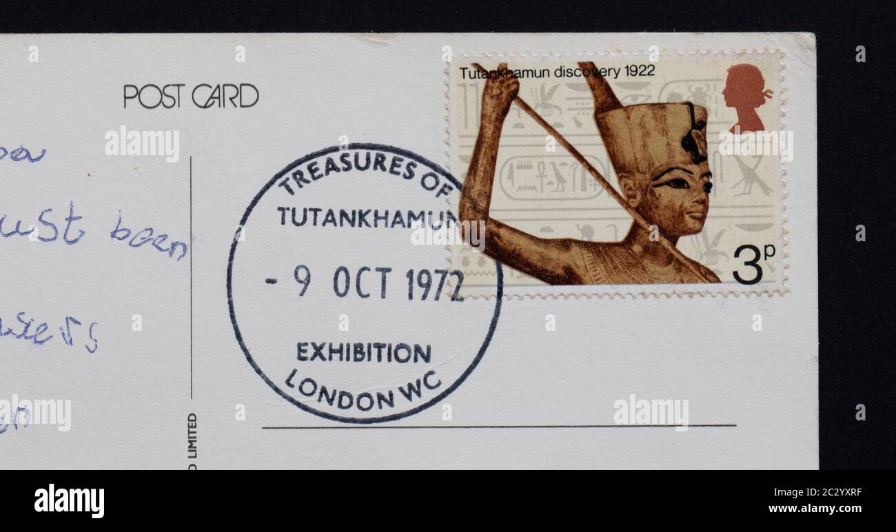 Tutanchamun Ausstellung im British Museum, London 1972 - Postkarte mit Tutanchamun Stempel und Schatzkarten von Tutanchamun Poststempel Stockfoto