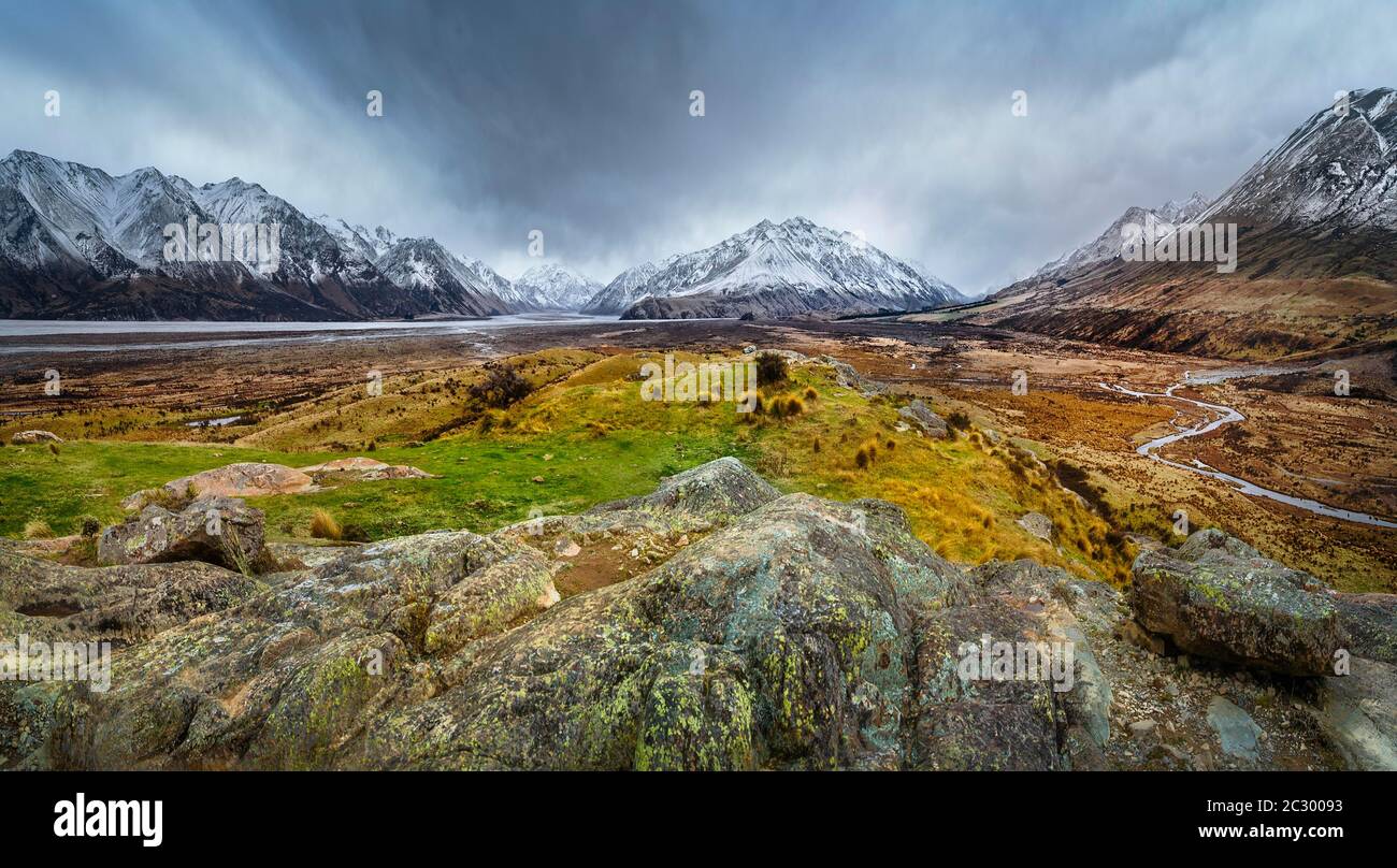 Herbststimmung im Rangitata River Valley, Ashburton Lakes, Ashburton, Canterbury, Neuseeland Stockfoto