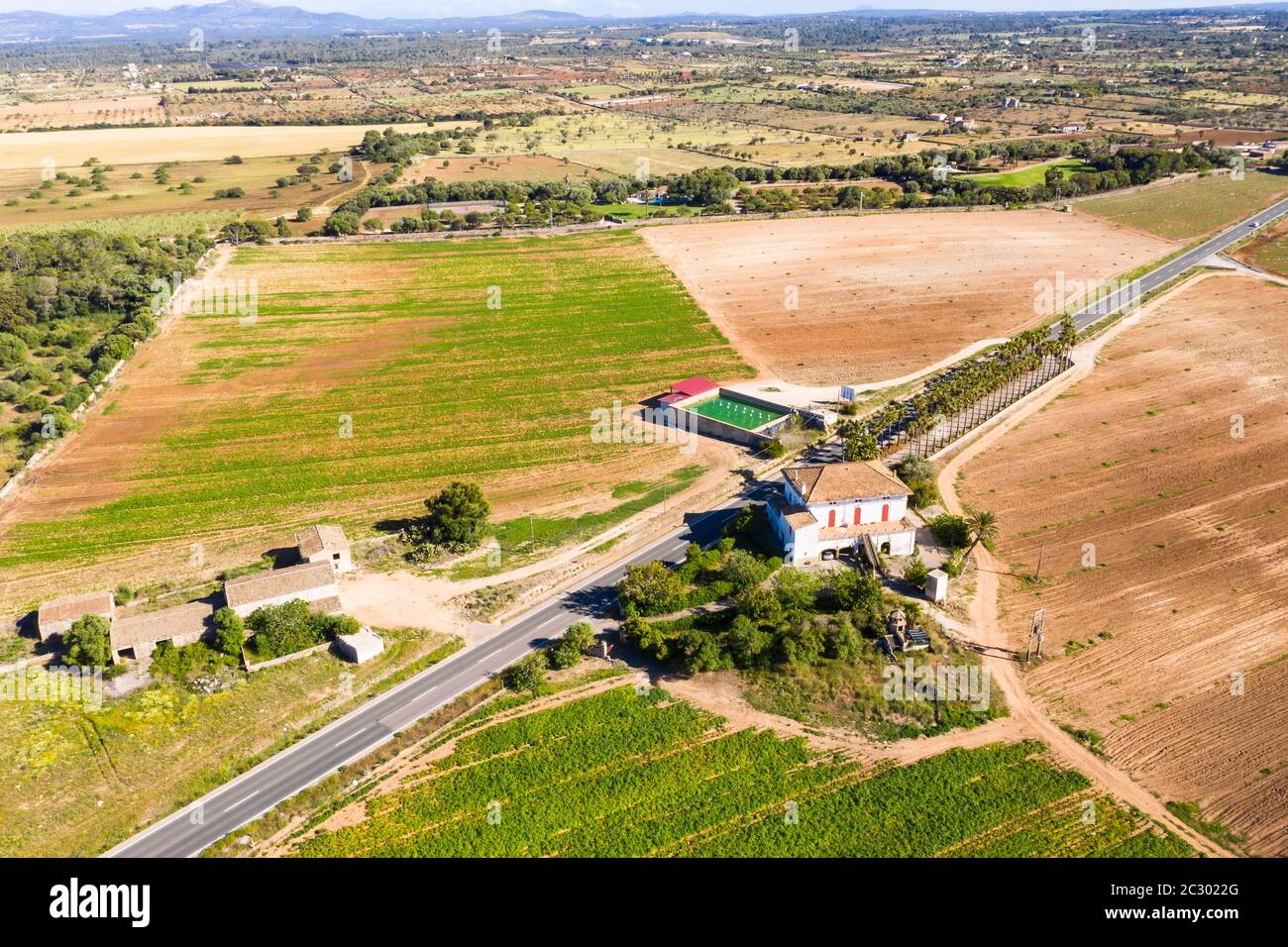Luftaufnahmen, Can Picafort, Finca in landwirtschaftlicher Umgebung, Mallorca, Balearen, Spanien Stockfoto