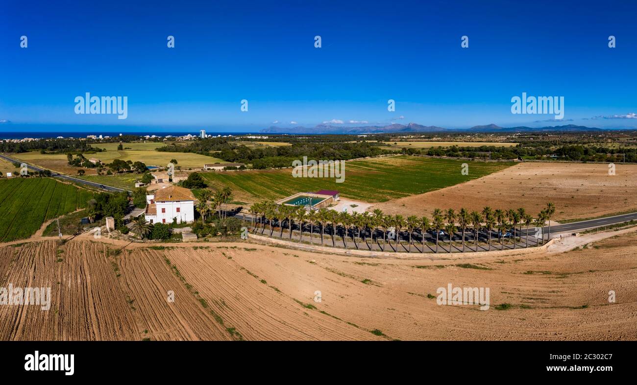 Luftaufnahmen, Finca in landwirtschaftlichem Gebiet Can Picafort, Balearen, Mallorca, Spanien Stockfoto