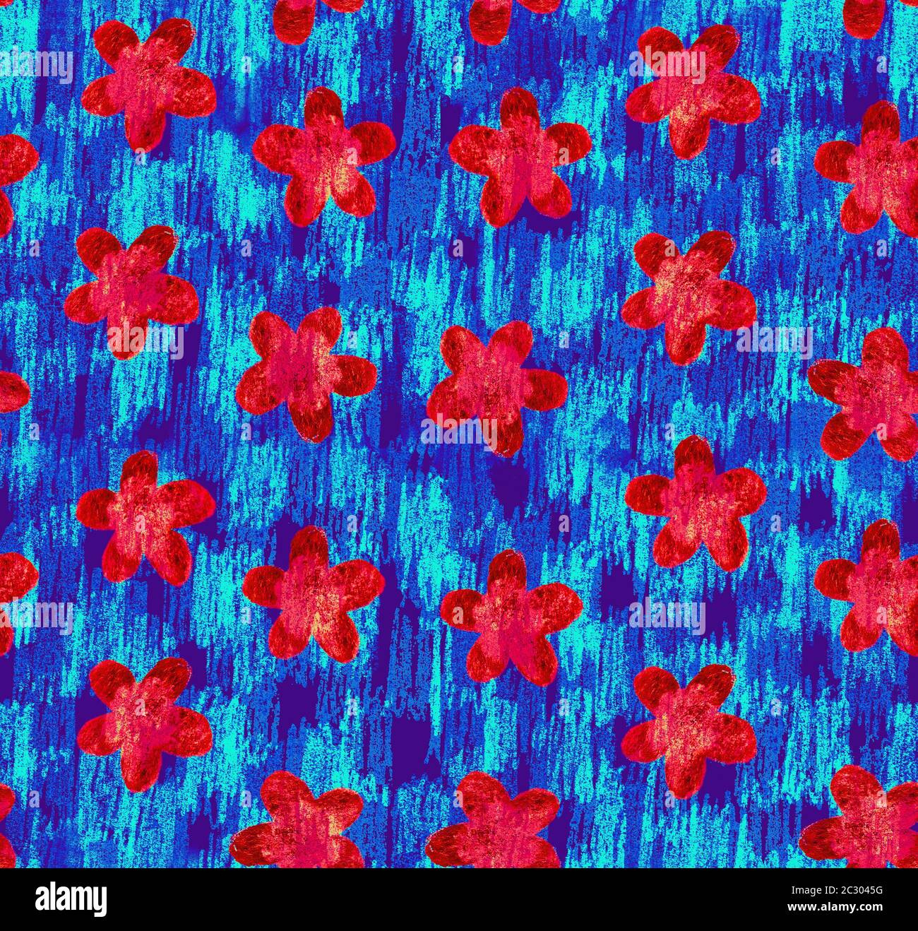 Grunge Blumen Streifen Hand gemacht Hintergrund. Abstrakt blau rot floral nahtlose Muster für Stoff, Geschenkpapier, Sommer feninen Hintergrund, Stockfoto