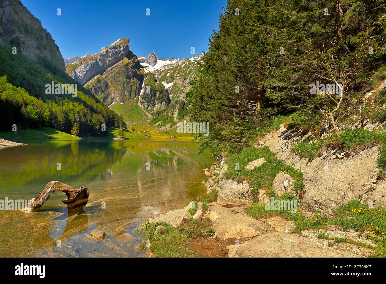 Seepalpsee, hinter dem Saentis, Alpstein, Kanton Appenzell, Schweiz Stockfoto