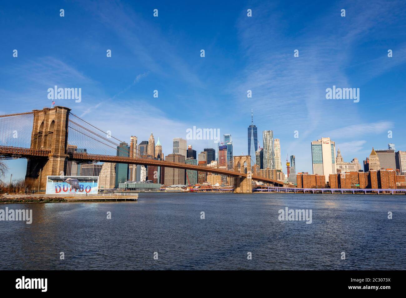 Blick vom Main Street Park über den East River auf die Skyline von Lower Manhattan mit Brooklyn Bridge, Dumbo, Downtown Brooklyn, Brooklyn, New York Stockfoto