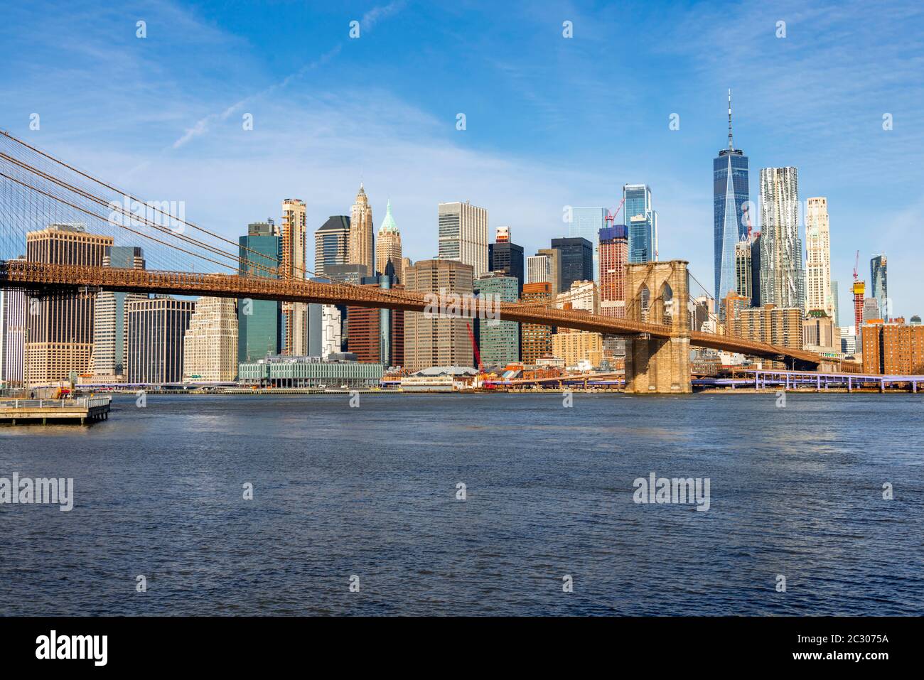 Blick vom Main Street Park über den East River auf die Skyline von Lower Manhattan mit Brooklyn Bridge, Dumbo, Downtown Brooklyn, Brooklyn, New York Stockfoto