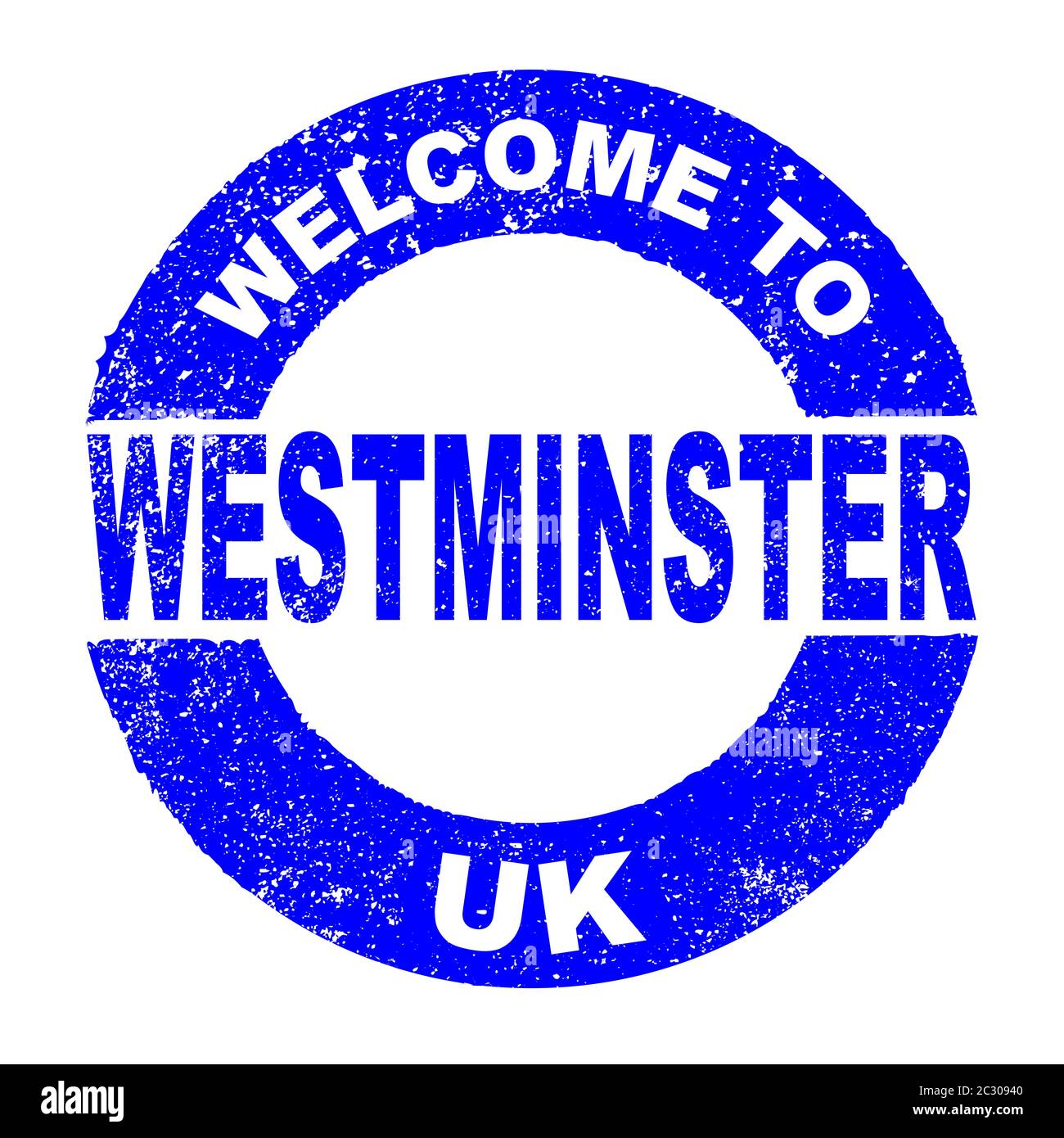 Ein grungener Gummi-Tintenstempel mit dem Text Willkommen In Westminster UK über einem weißen Hintergrund Stockfoto