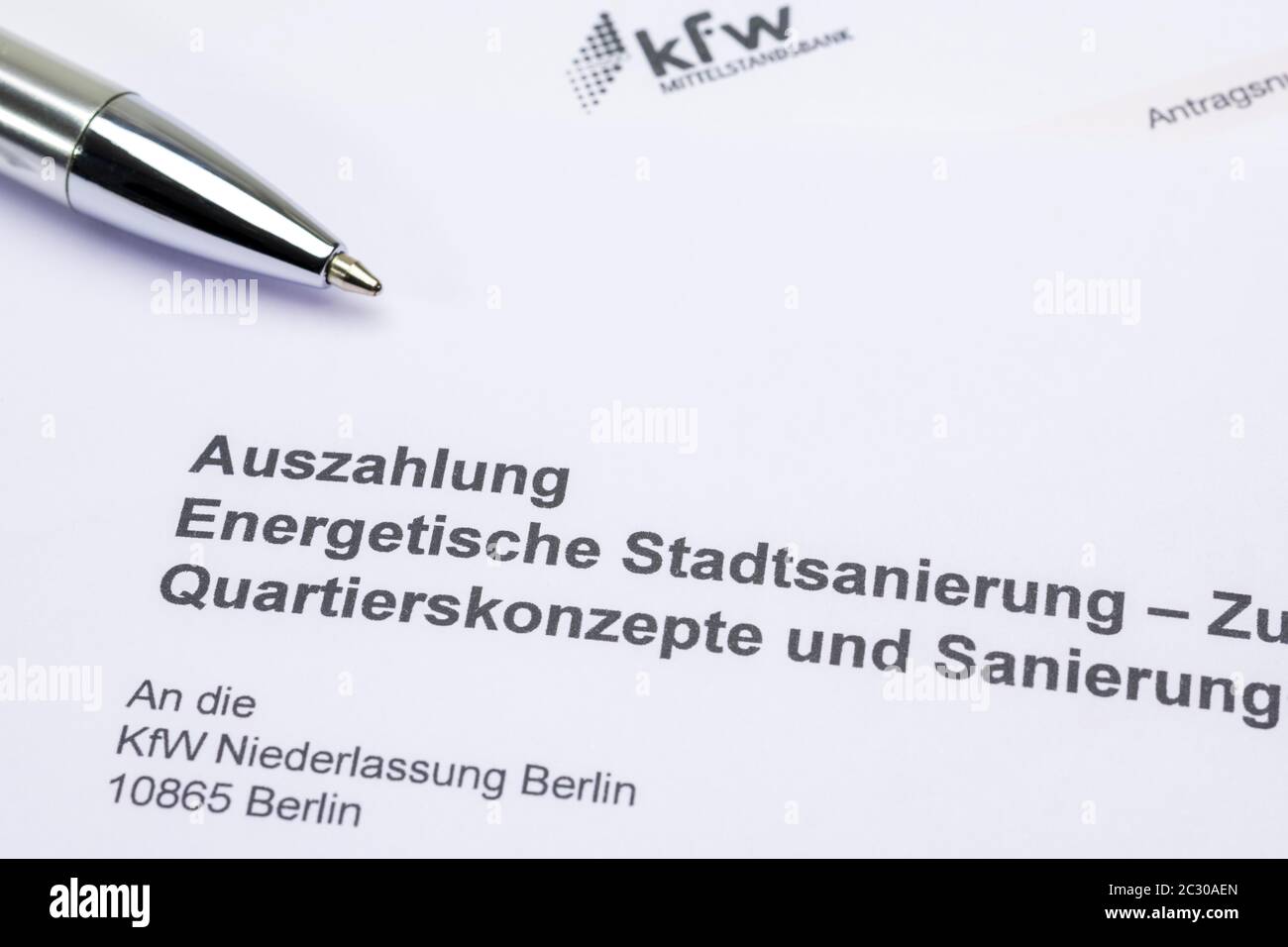 Form der KfW-Förderbank, Auszahlung von energiebezogenen Stadtumbaubeihilfen für integrierte Quartierskonzepte und -Neuentwicklung Stockfoto