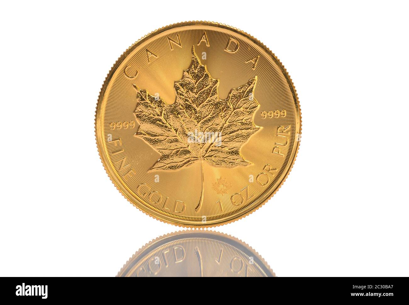 Kanadische Goldmünze 1 Unze, Ahornblatt Boden, Ahornblatt, Kanada Stockfoto