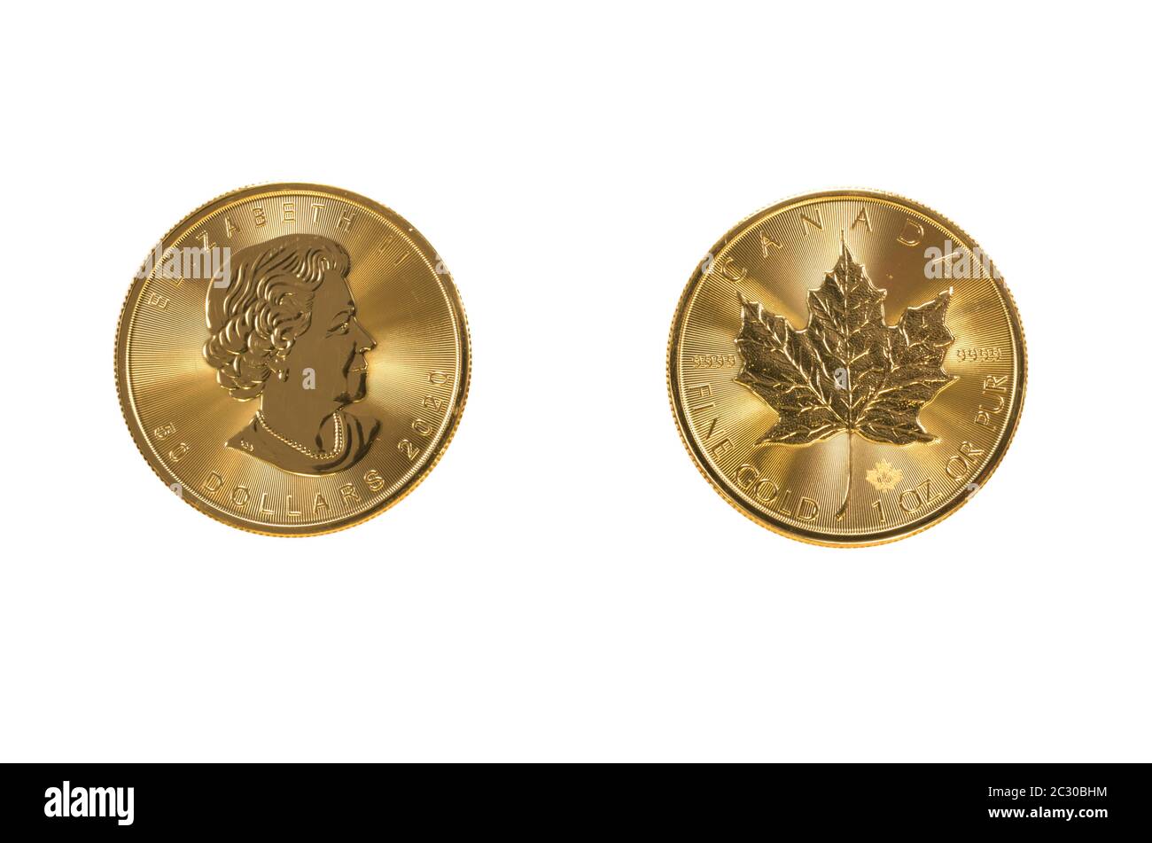 Goldmünze, 1 Unze, Ahornblatt Vorderseite Queen Elizabeth II und Rückseite Ahornblatt, Großbritannien Stockfoto