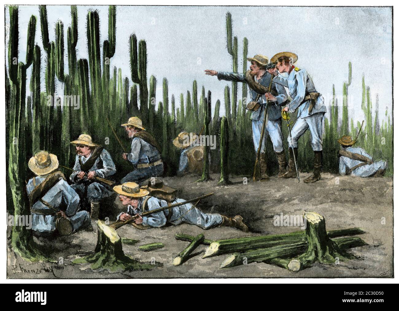 Spanische Truppen mit einer natürlichen Lagerhaltung in Kuba, Spanisch-amerikanischer Krieg, 1898. Handkolorierter Halbton einer Illustration Stockfoto