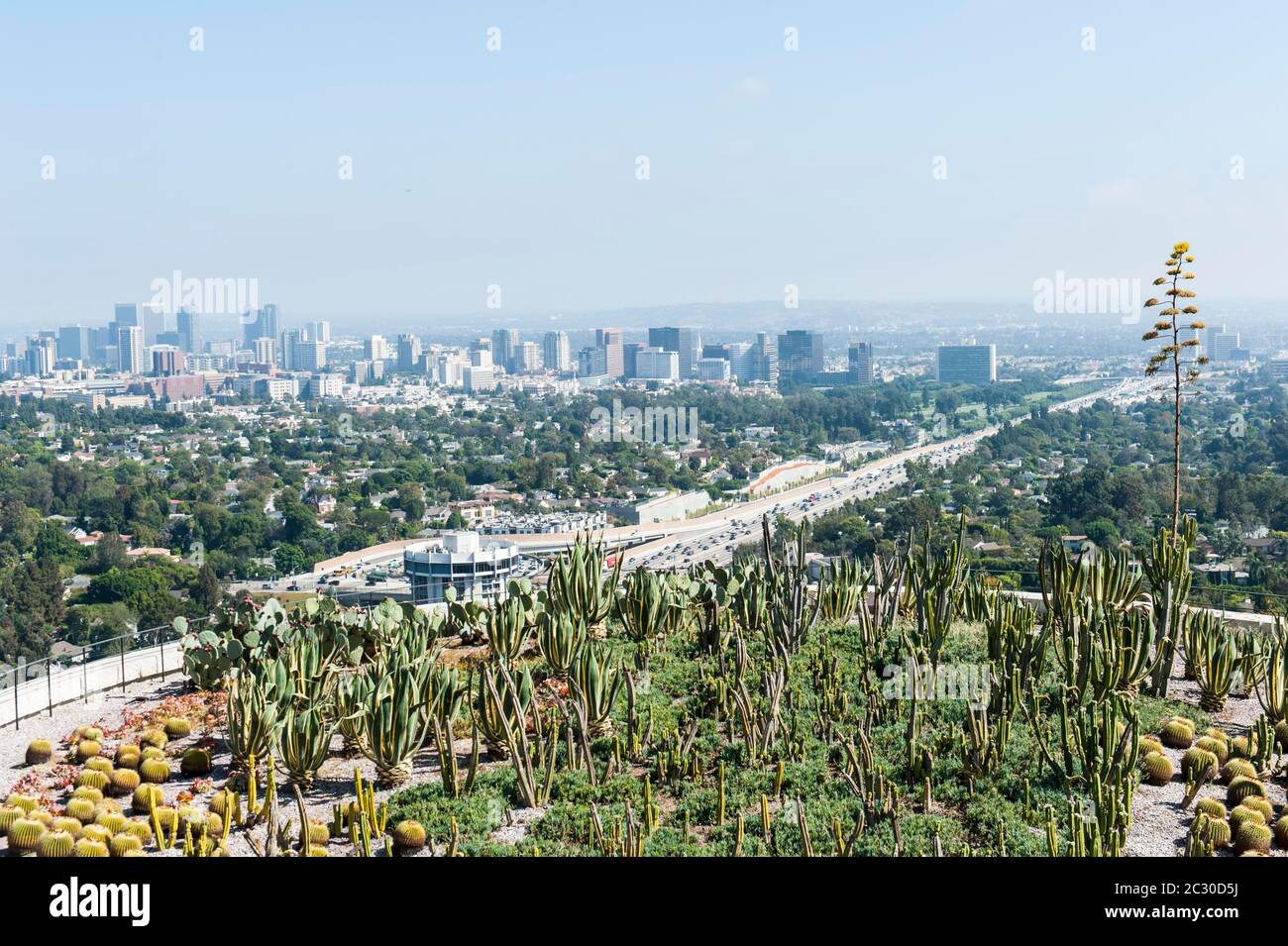 Blick auf den Kaktusgarten und die Innenstadt vom Getty Center in Brentwood, J. Paul Getty Museum, Los Angeles, Los Angeles, Kalifornien, USA Stockfoto