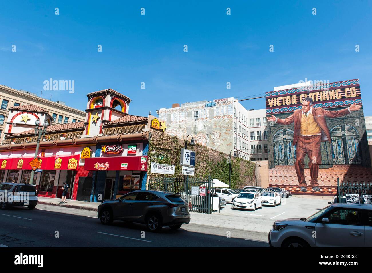 Wandmalerei, Victor Clothing Co., Kunst im öffentlichen Raum, Schauspieler Anthony Quinn, W 3rd St, Downtown Los Angeles, Los Angeles, Kalifornien, USA Stockfoto