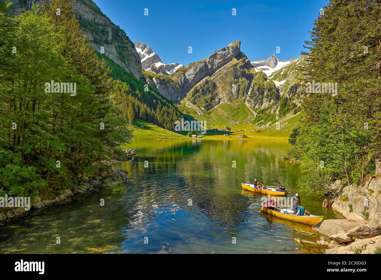 Ruderboote auf dem Seepsee, hinter dem Saentis, Alpstein, Kanton Appenzell, Schweiz Stockfoto