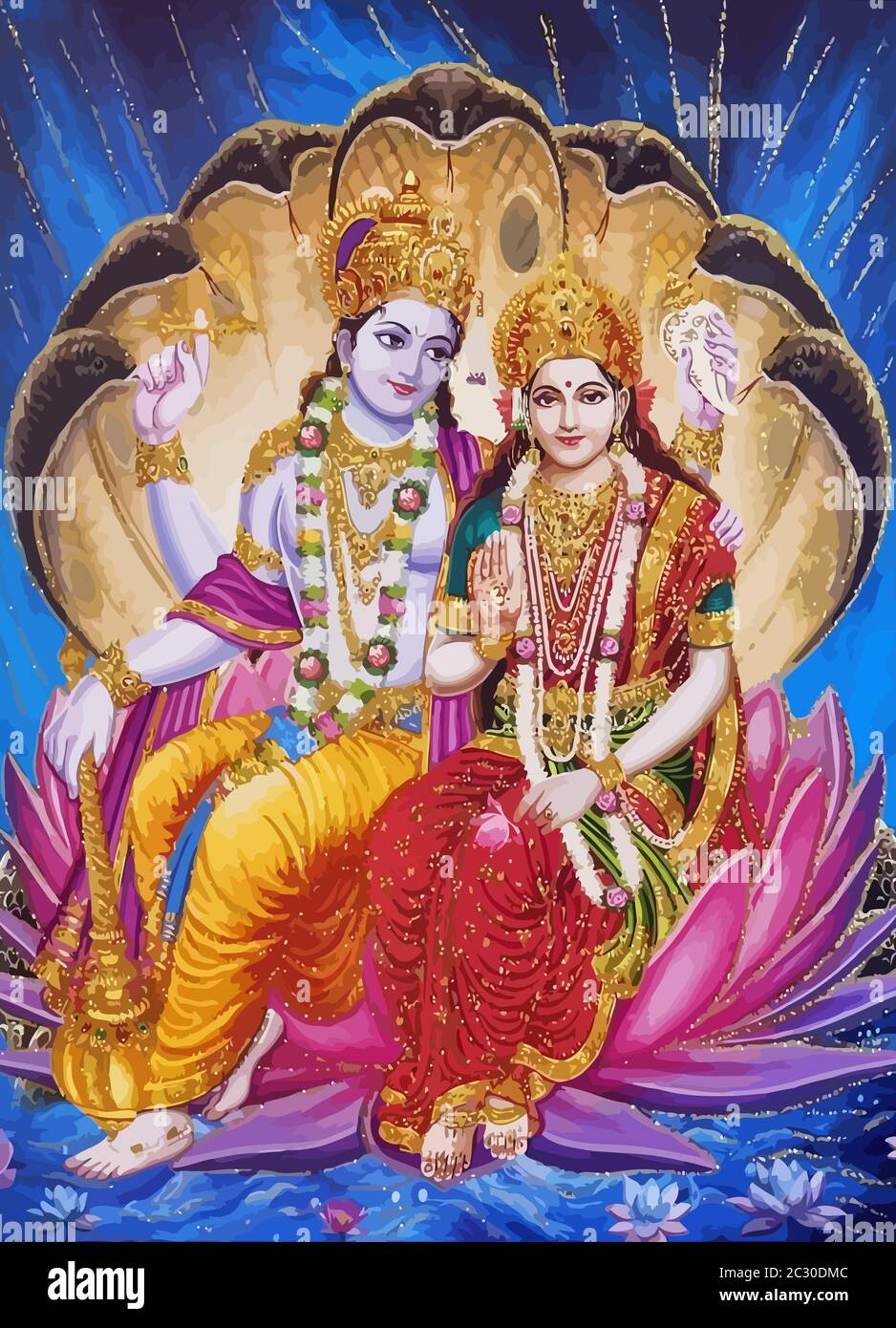 Lord Vishnu Lady Lakshmi lotus Flower Prosperity hinduismus Mythendarstellung Stockfoto