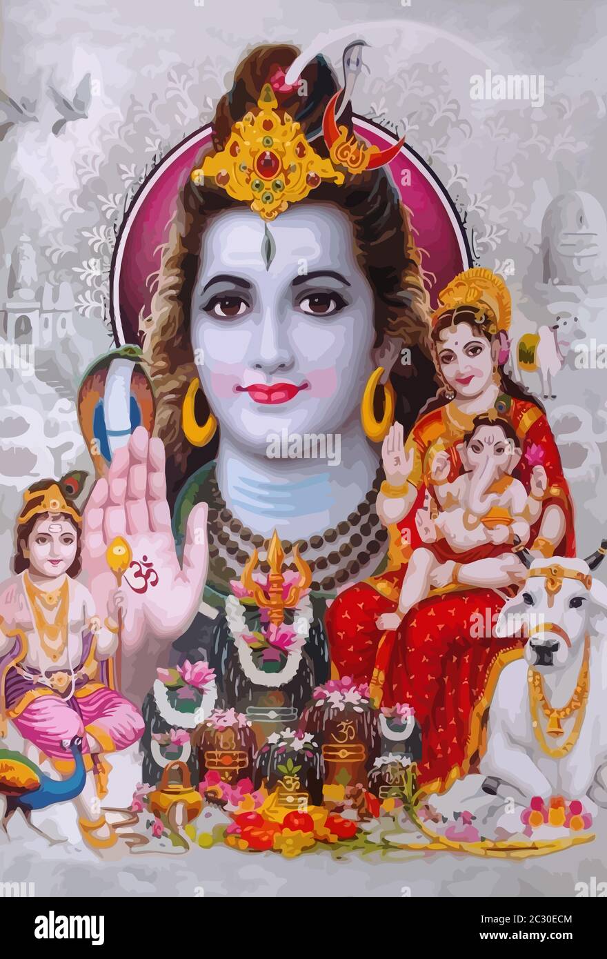 Gott Shiva Schlange und Dame Saraswati Pfau heiliger Elefant Ganasha hinduismus Illustration weiß Stockfoto