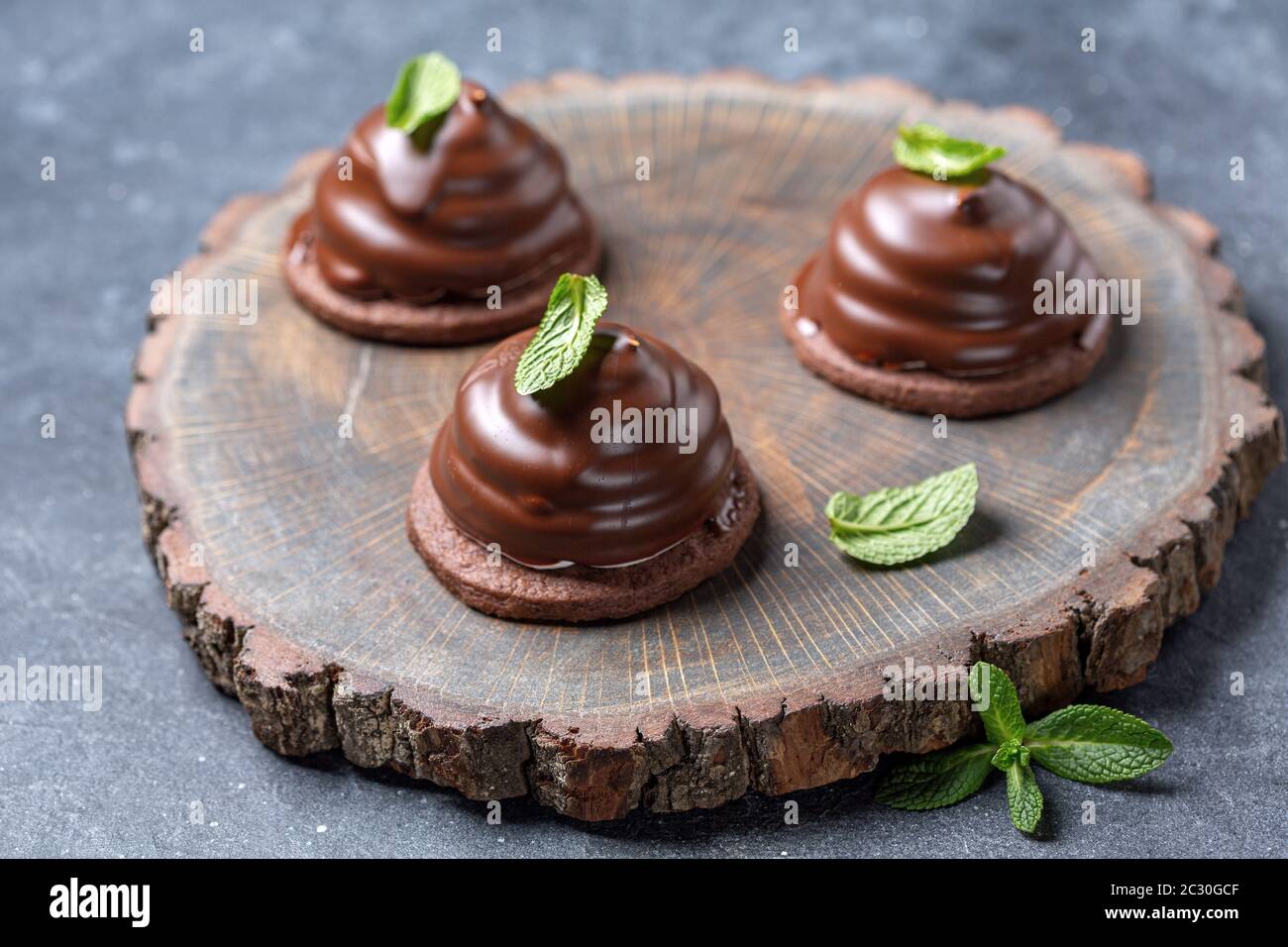 Mini-Schokoladen-Kuchen mit grünen Minzblättern. Stockfoto