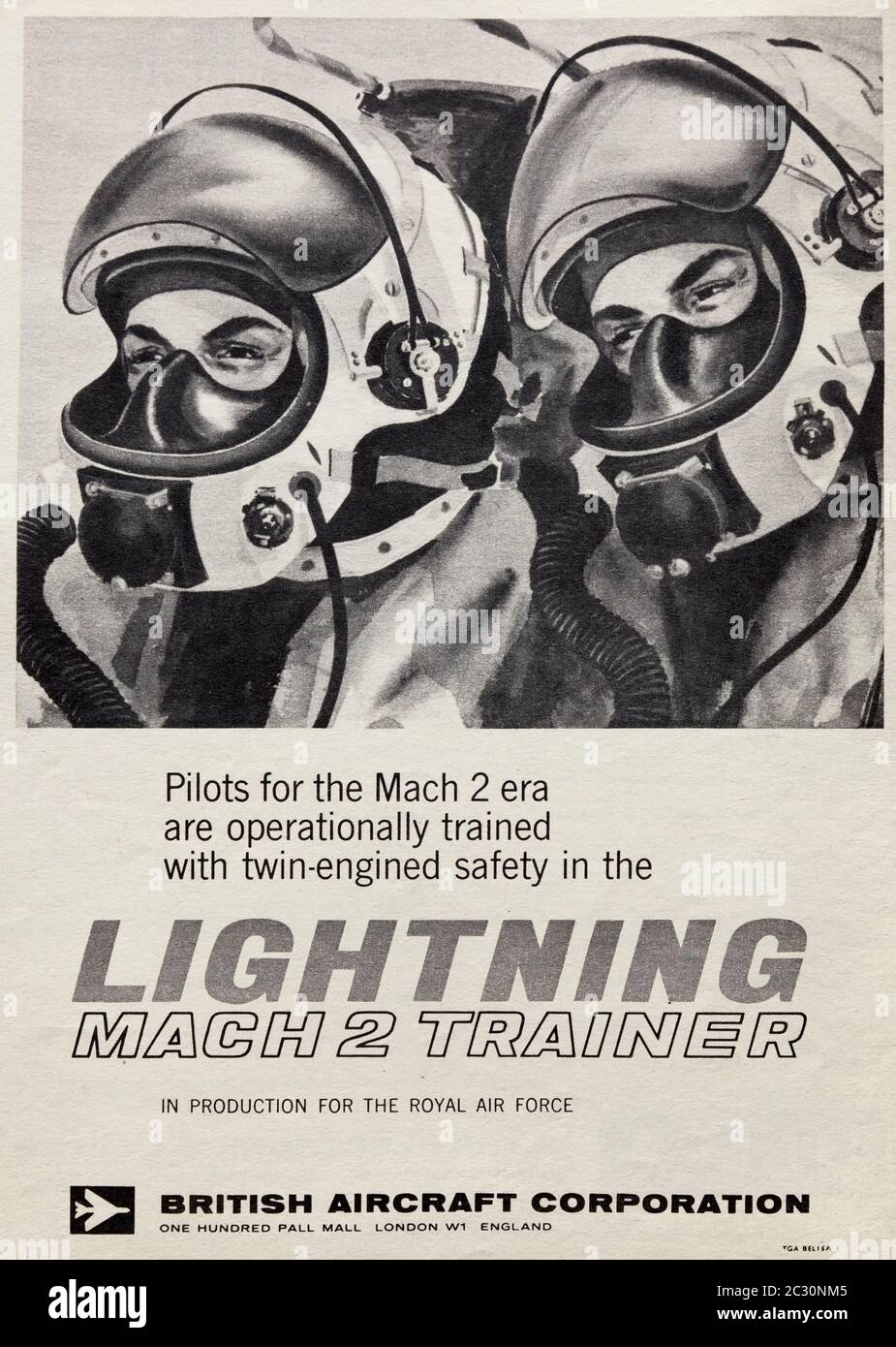 Vintage-Werbung für die britische englische Electric / BAC Lightning Trainer Überschallabfangflugzeug. Stockfoto