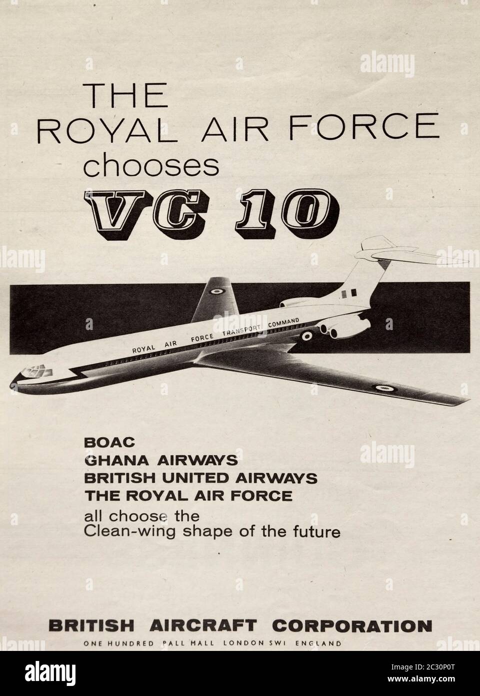 Vintage-Werbung für das Transportflugzeug Vickers VC10. Stockfoto