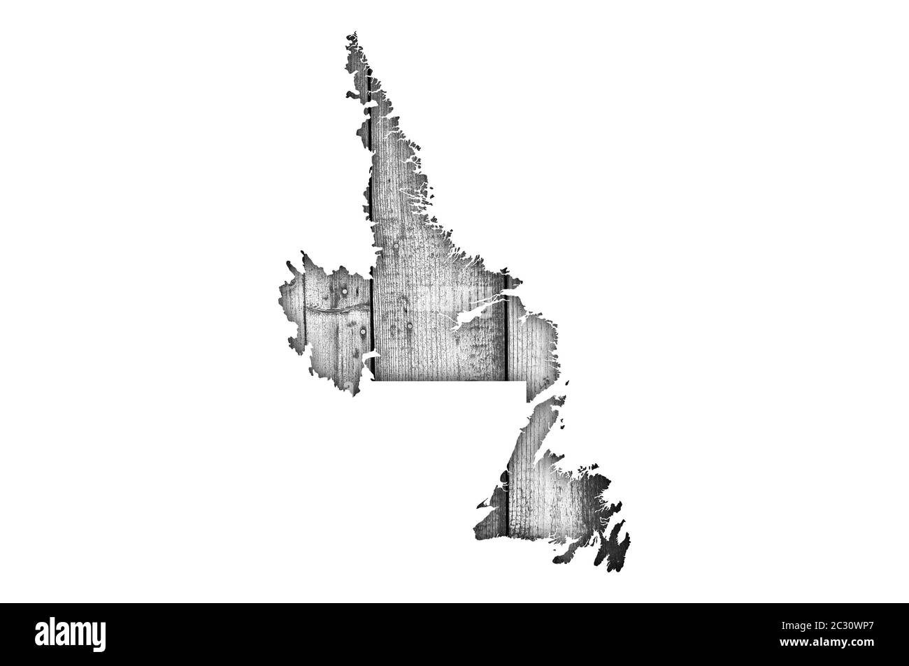 Karte von Neufundland und Labrador auf verwittertes Holz Stockfoto