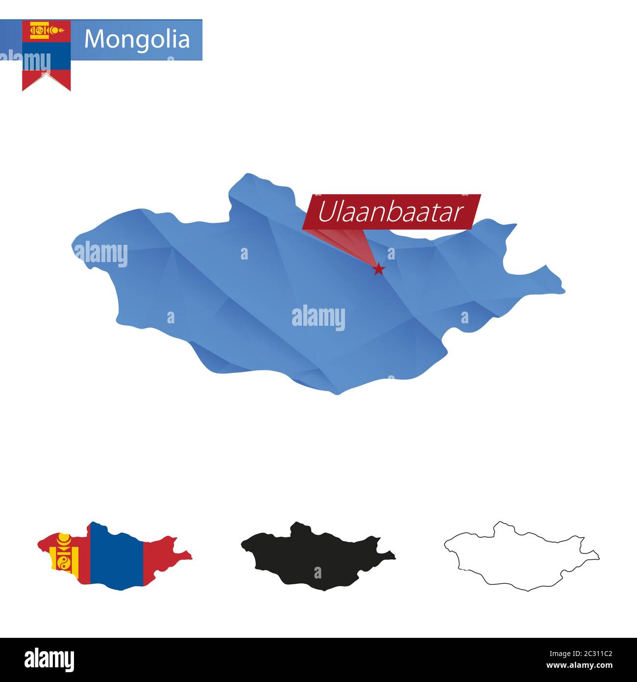 Mongolei blau Low Poly Karte mit Hauptstadt Ulaanbaatar, vier Versionen der Karte. Vektorgrafik. Stock Vektor