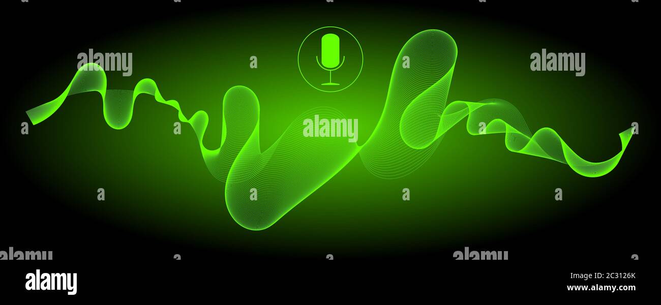 Spracherkennung mit einem Mikrofon und Schallwellen auf glänzend grünen Hintergrund â € "Illustration Stockfoto