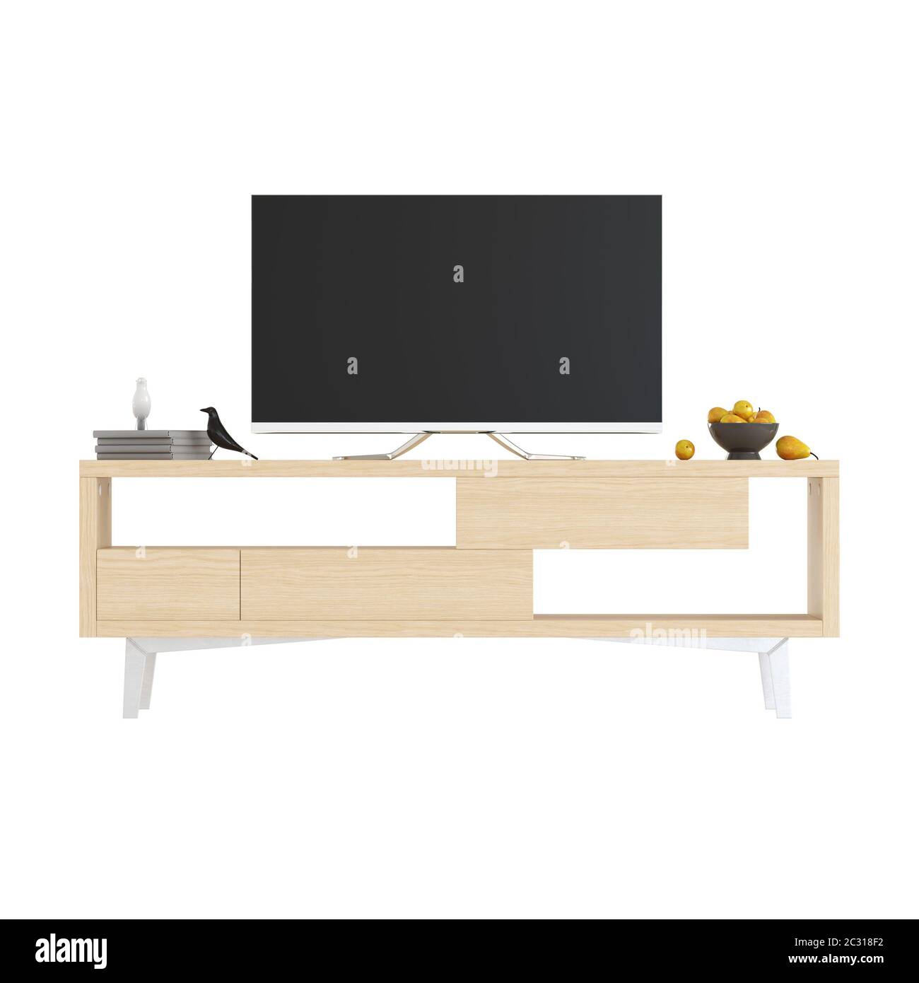 Ein heller TV-Nachttisch aus Holz auf weißem Hintergrund mit einem Fernseher. 3d-Rendering Stockfoto