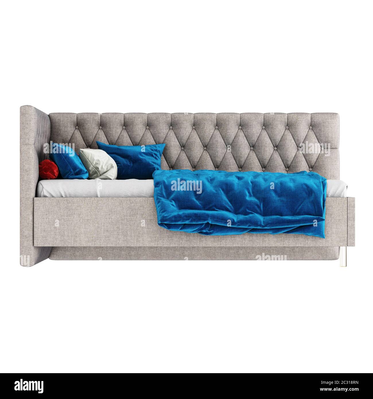 Kinder Steppbett mit Kissen und eine blaue Decke auf weißem Hintergrund. Vorderansicht. 3d-Rendering Stockfoto