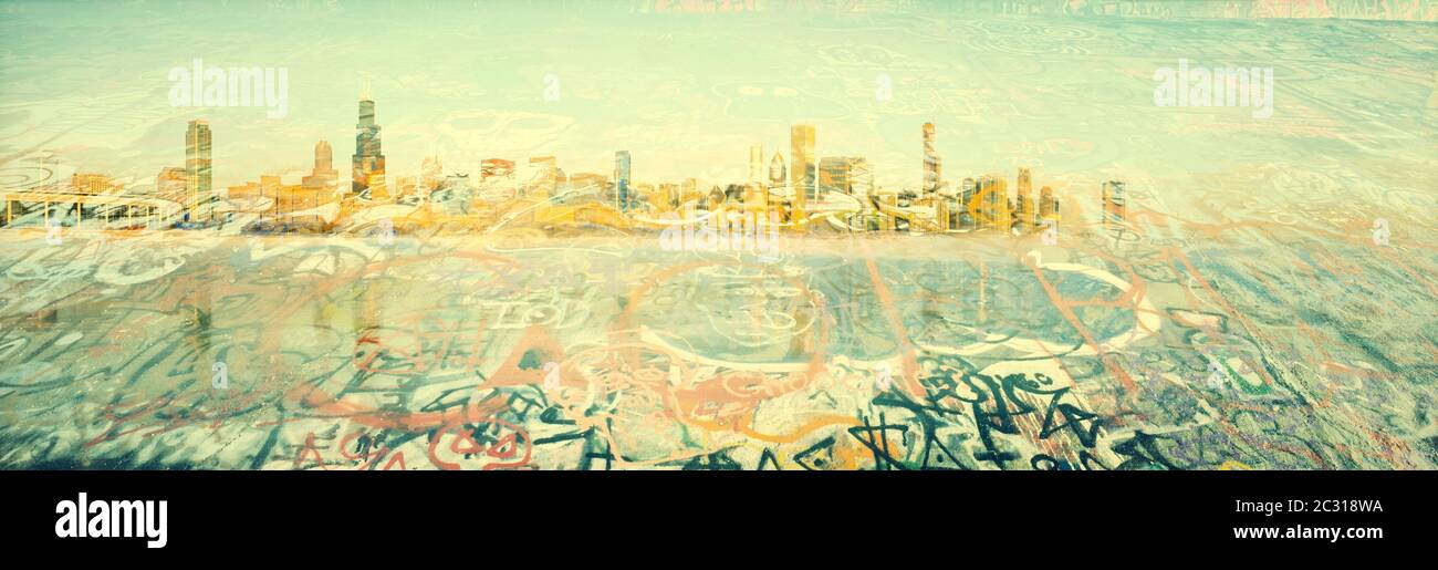 Graffiti mit Skyline, Chicago, Illinois, USA Stockfoto