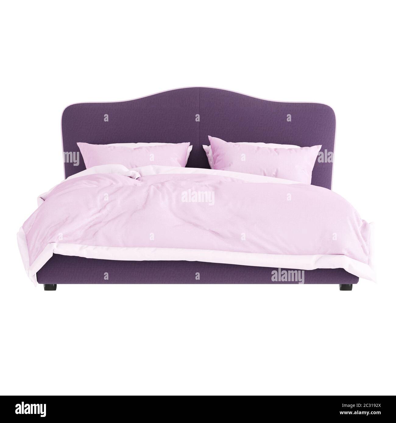 Weiches Doppelbett mit fliederfarbenem Kopfteil und rosa Bettwäsche auf weißem Hintergrund. 3d-Rendering Stockfoto