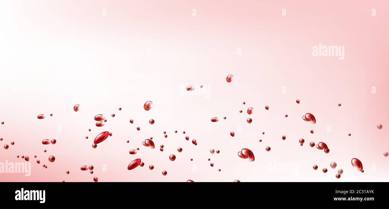 Fliegende rote Tropfen auf rosa Hintergrund. Vektor realistische Illustration von spritzendem Blut, Wein, Kirschsaft oder flüssige Aquarellfarbe. Blutspende Kontra Stock Vektor