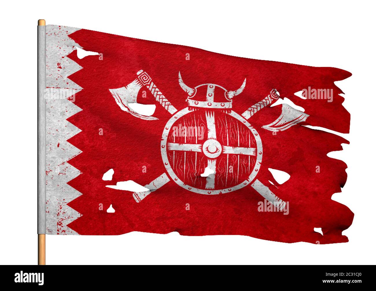 Mittelalterlicher wikingerritter winkt zerfetzte Flagge mit Wappen Der gekreuzten Achsen Stockfoto