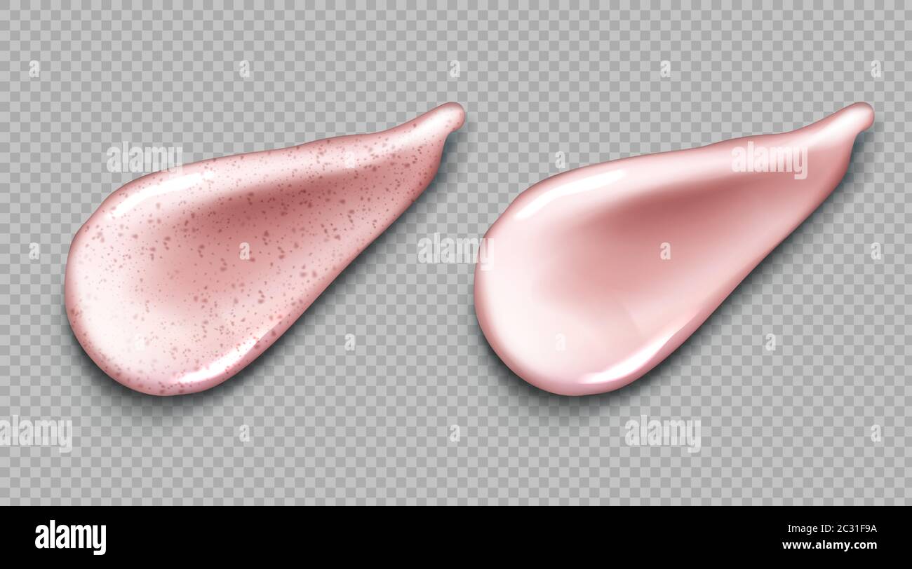 Kosmetische Creme und Peeling schmieren realistische Satz von Vektor-Illustrationen. Gel, Peeling mit kleinen Partikeln und Körnern, kosmetische Gesichtsmaske oder Serum-Textur Stock Vektor