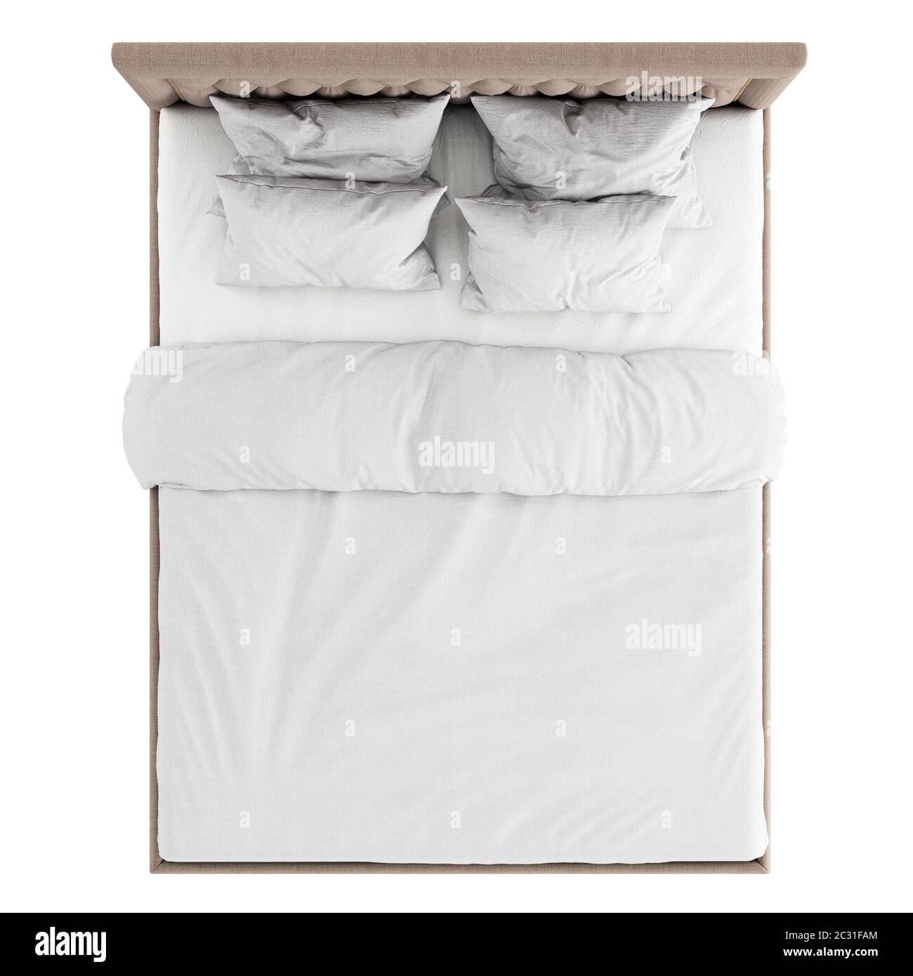 Doppelbett im klassischen Stil mit weichen beigefarbenen Stepppolstern und weißen Bettdecken auf weißem Hintergrund. Draufsicht. 3d-Rendering Stockfoto