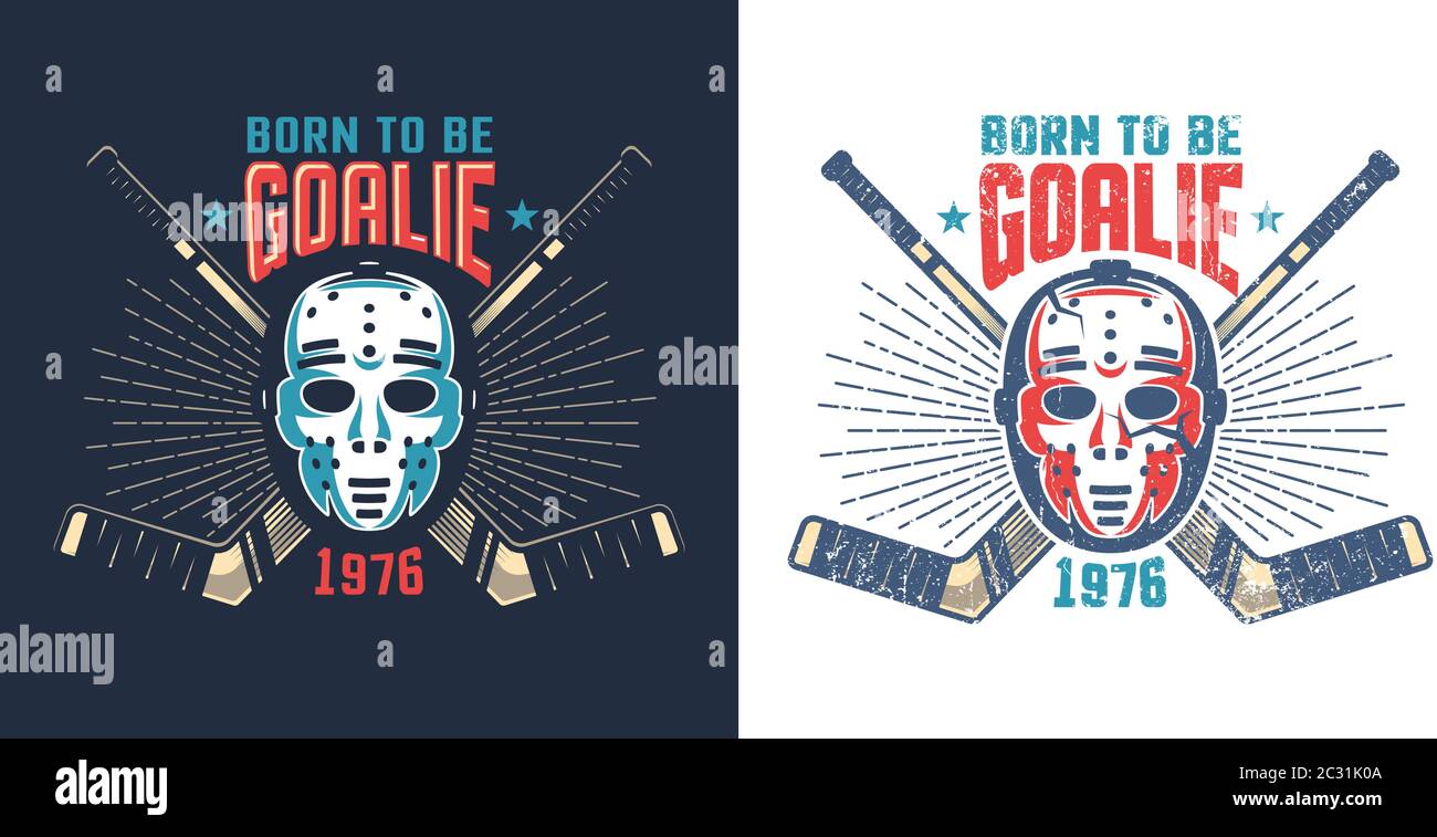 Hockey Retro Maske mit gekreuzten Stöcken und Sunburst Stock Vektor