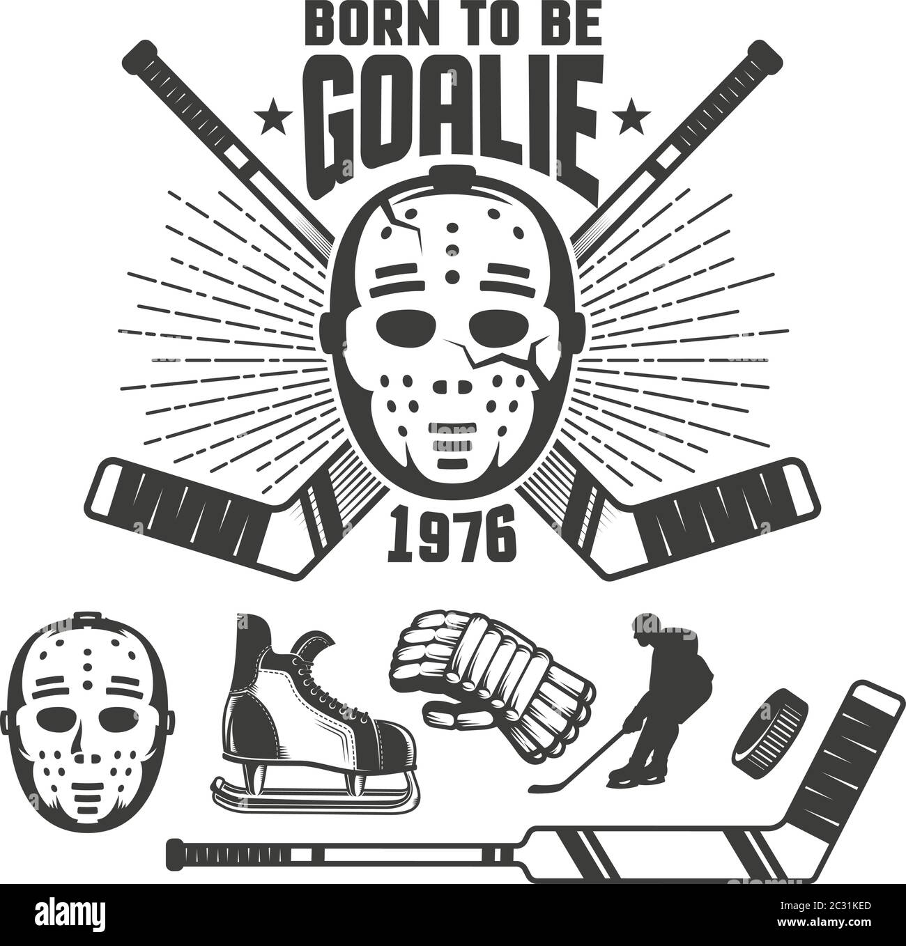Hockey Retro Emblem mit Vintage Torwartmaske und Stöcken Stock Vektor